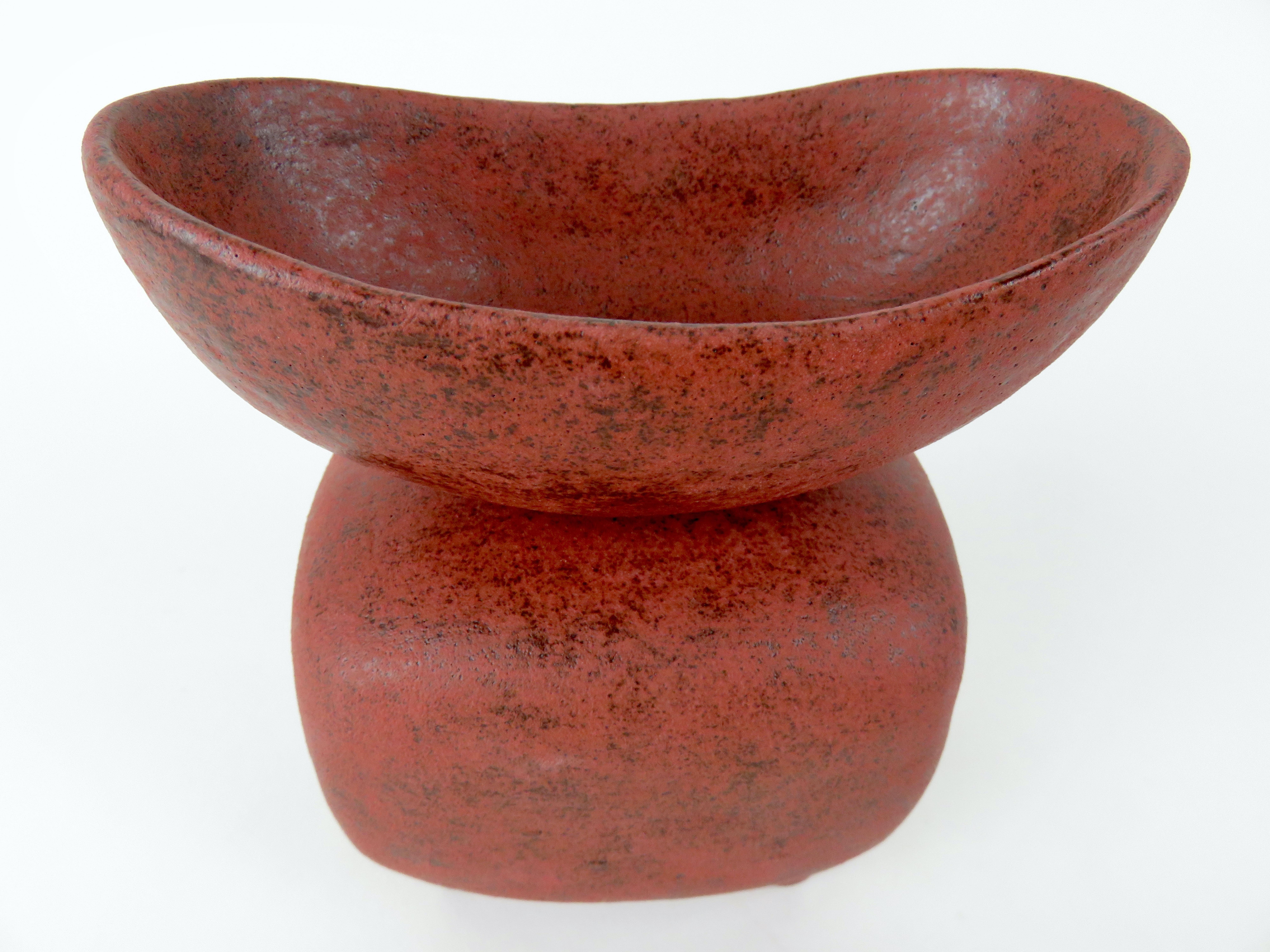 Mottled Red Ceramic Sculpture, Wide Oval Cup on Rounded Cube, Hand Built  4