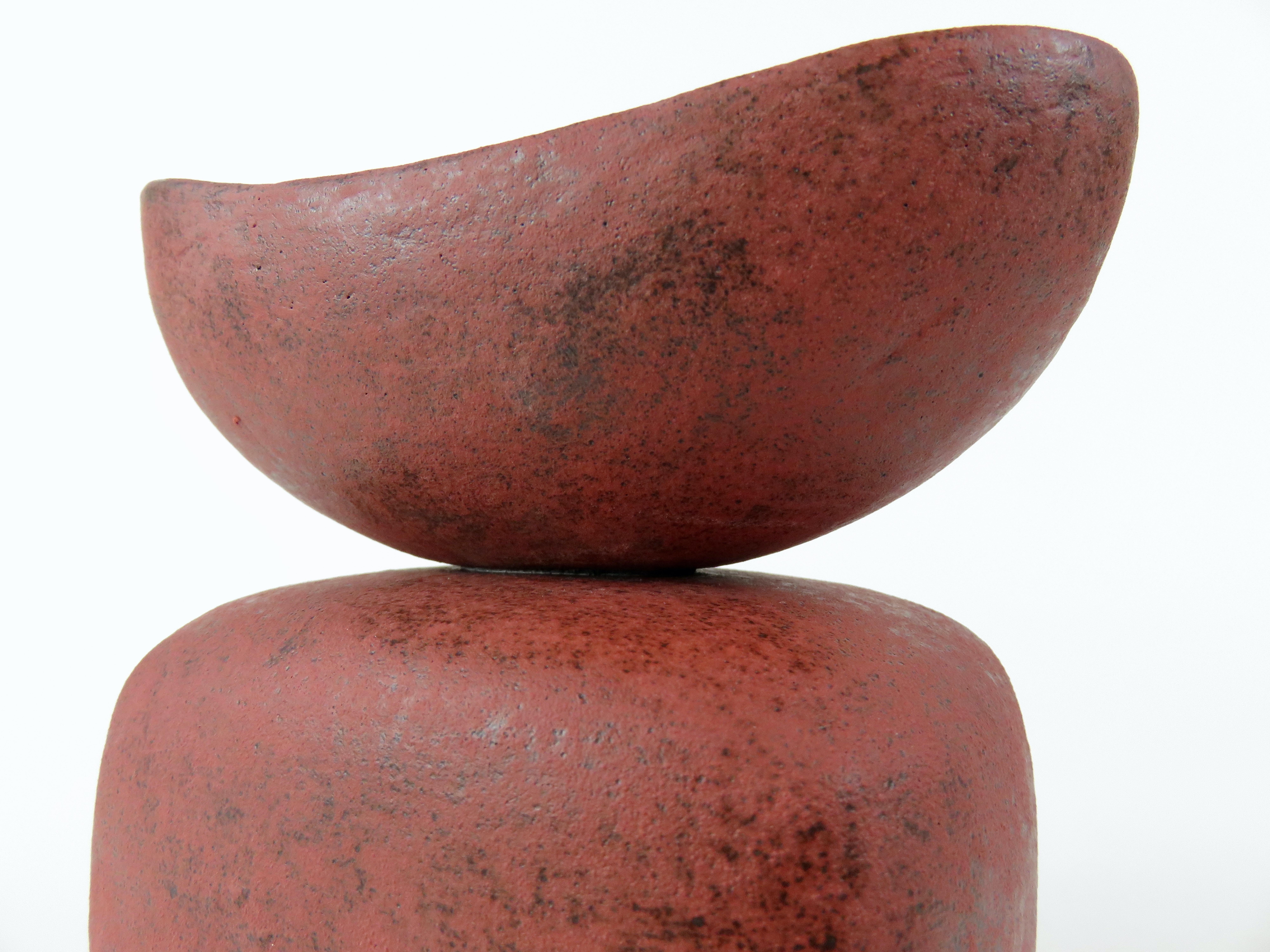 Mottled Red Ceramic Sculpture, Wide Oval Cup on Rounded Cube, Hand Built  5