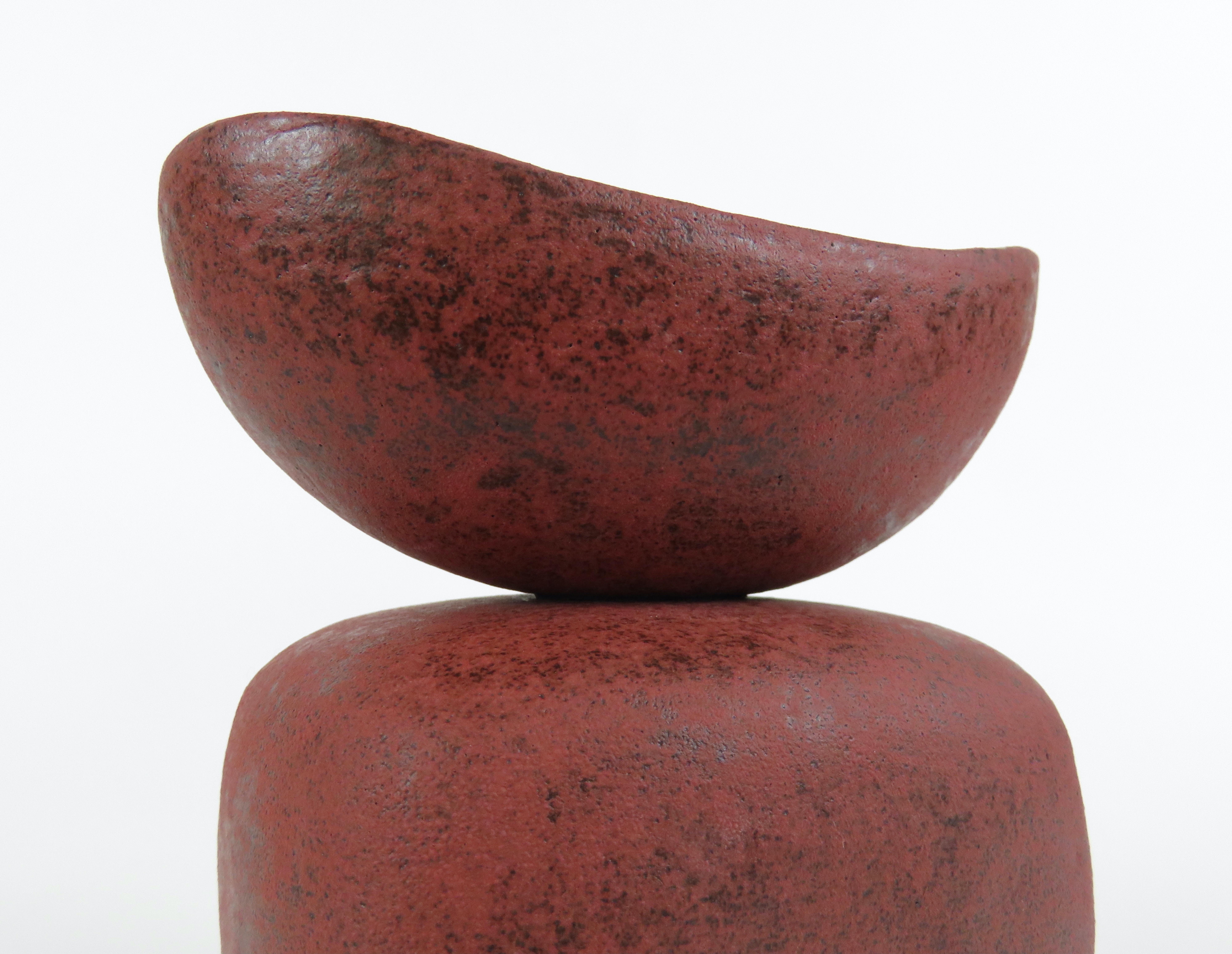 Mottled Red Ceramic Sculpture, Wide Oval Cup on Rounded Cube, Hand Built  6