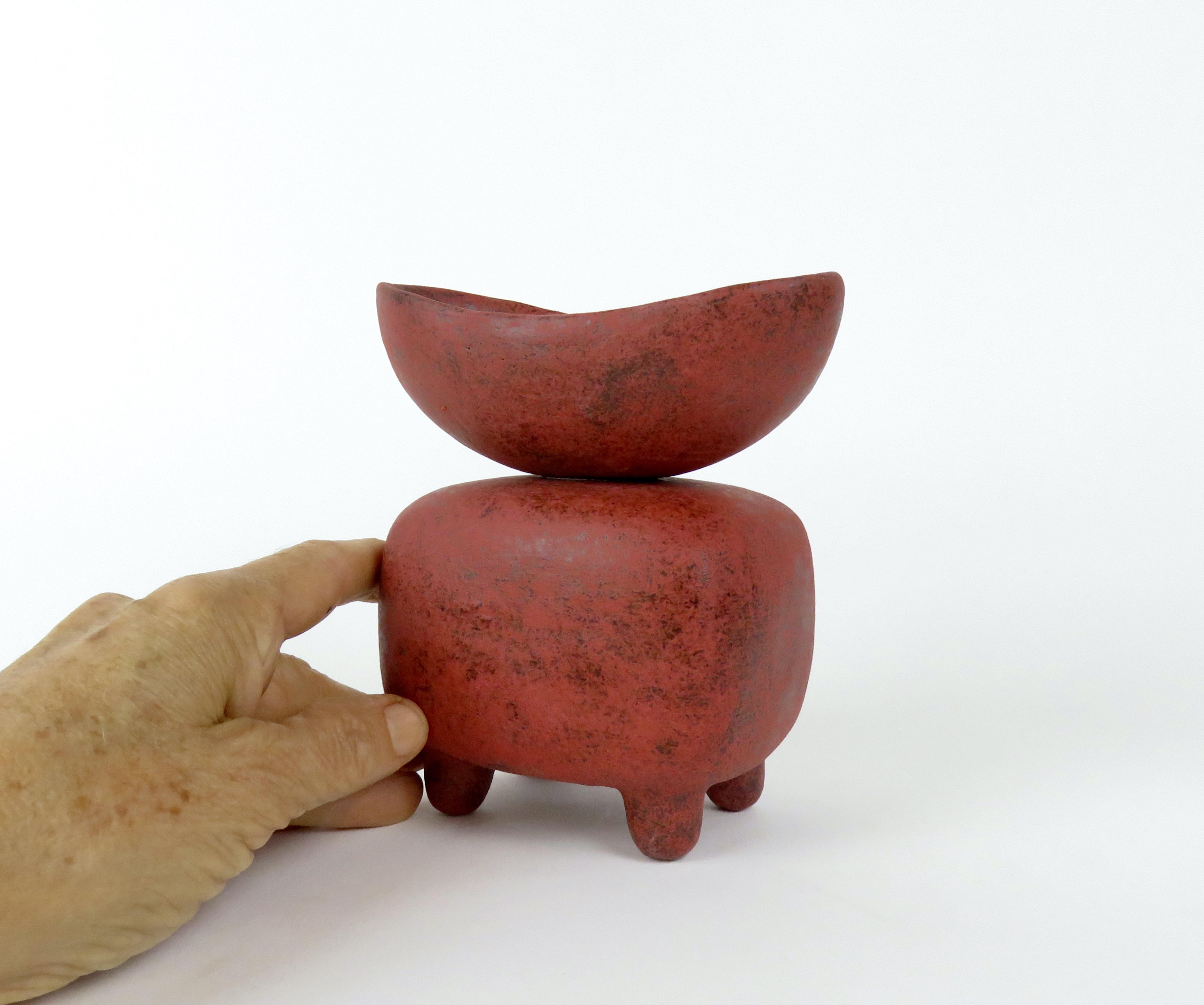 Mottled Red Ceramic Sculpture, Wide Oval Cup on Rounded Cube, Hand Built  8