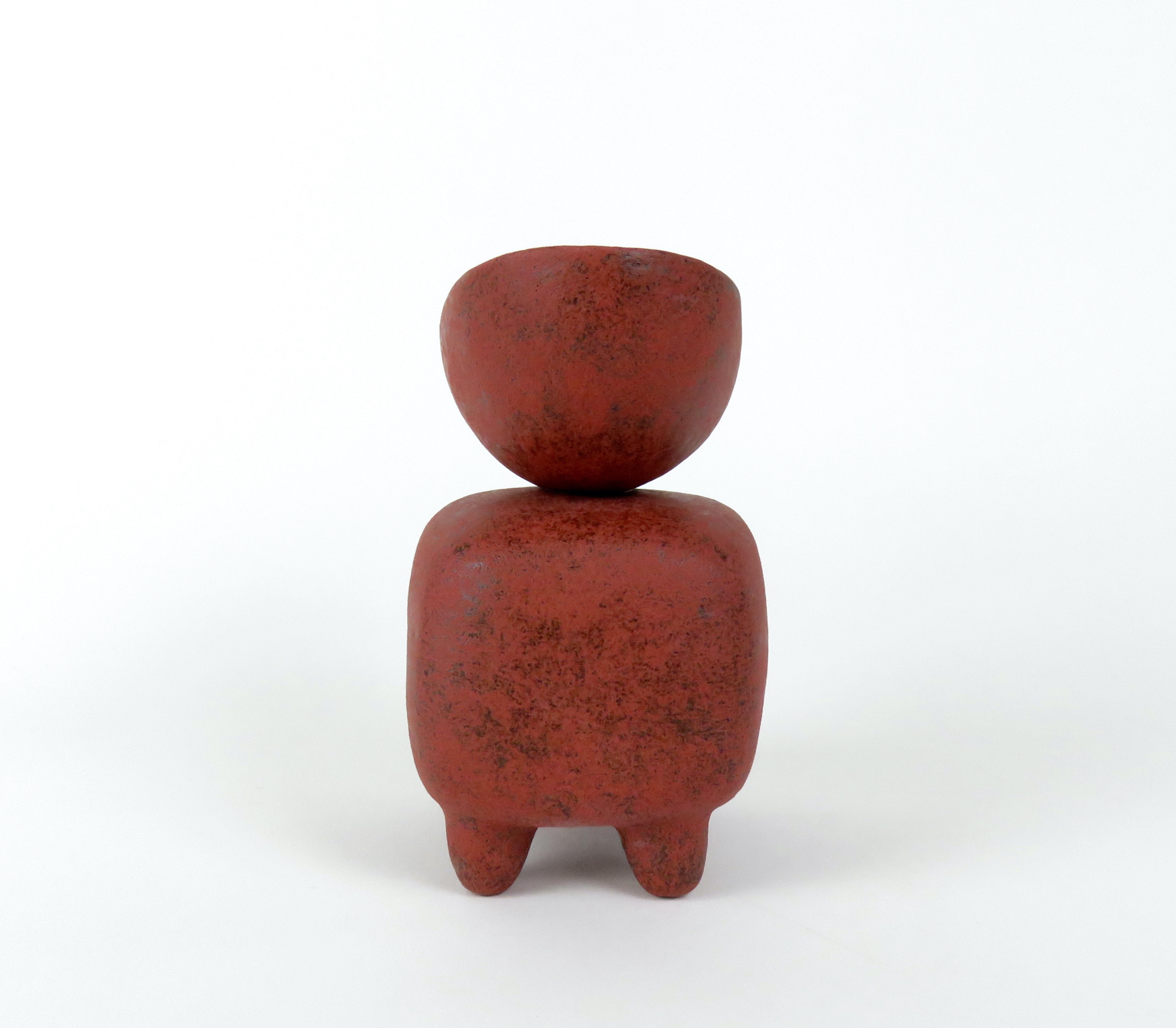 Organic Modern Mottled Red Ceramic Sculpture, Wide Oval Cup on Rounded Cube, Hand Built 