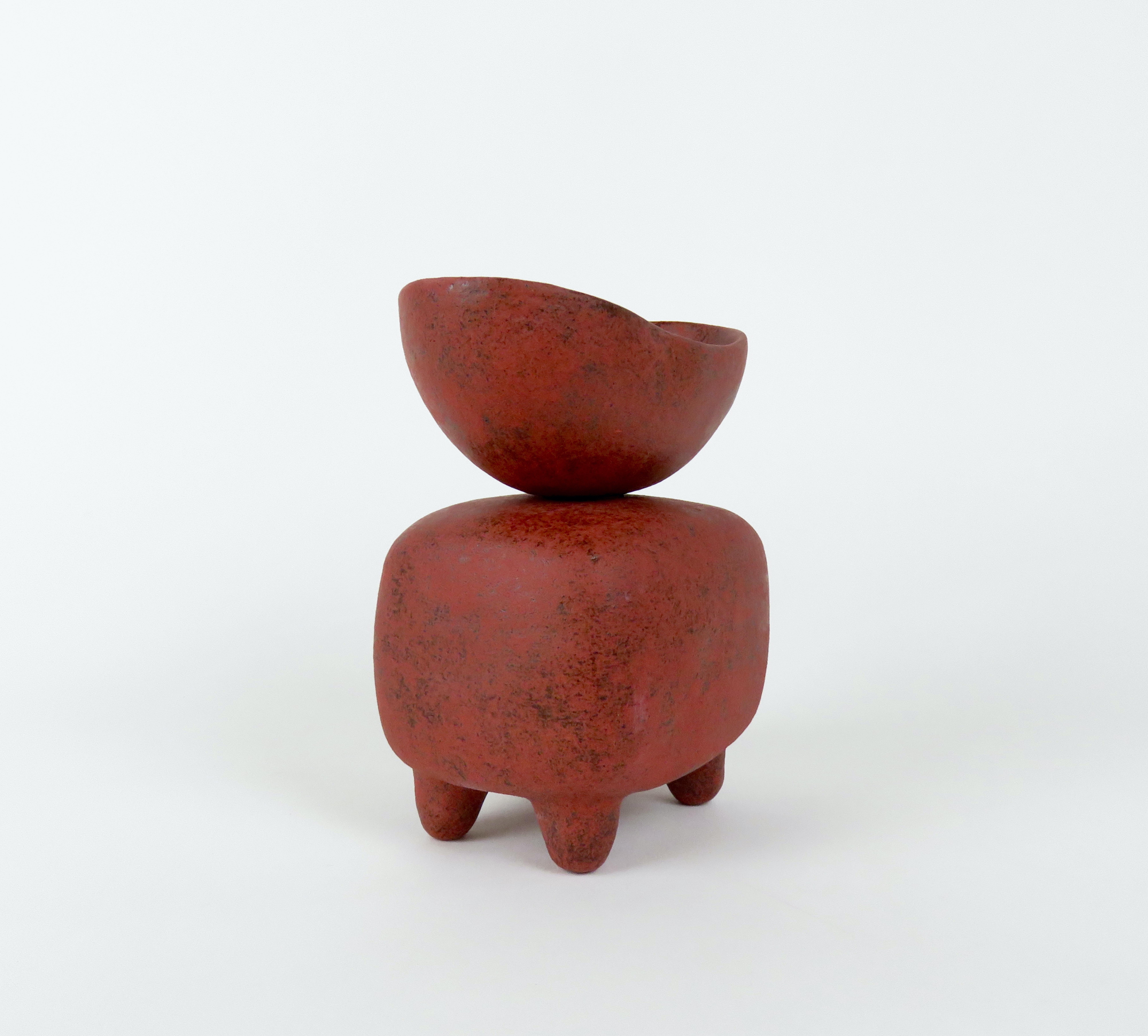 American Mottled Red Ceramic Sculpture, Wide Oval Cup on Rounded Cube, Hand Built 