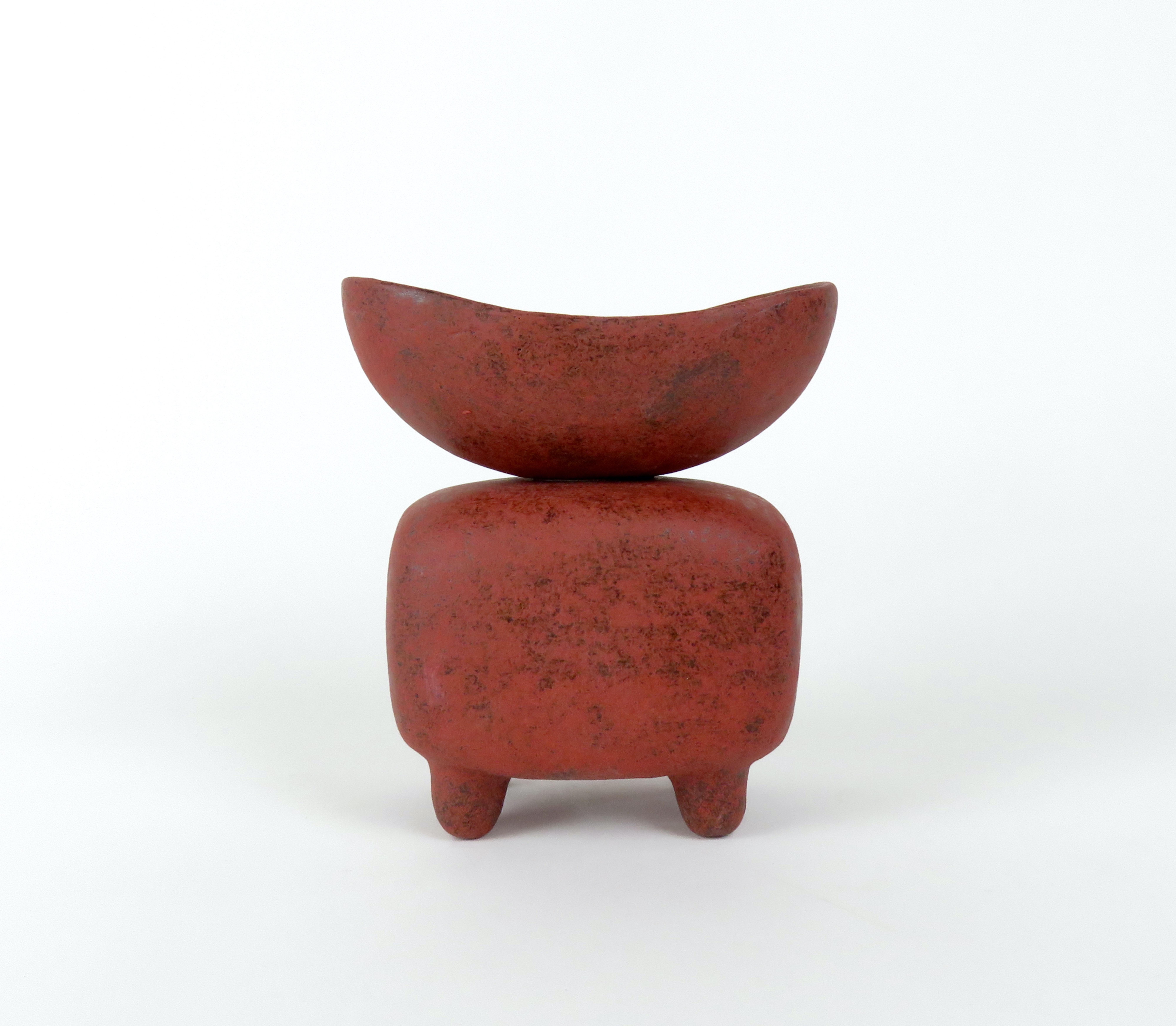 Hand-Crafted Mottled Red Ceramic Sculpture, Wide Oval Cup on Rounded Cube, Hand Built 