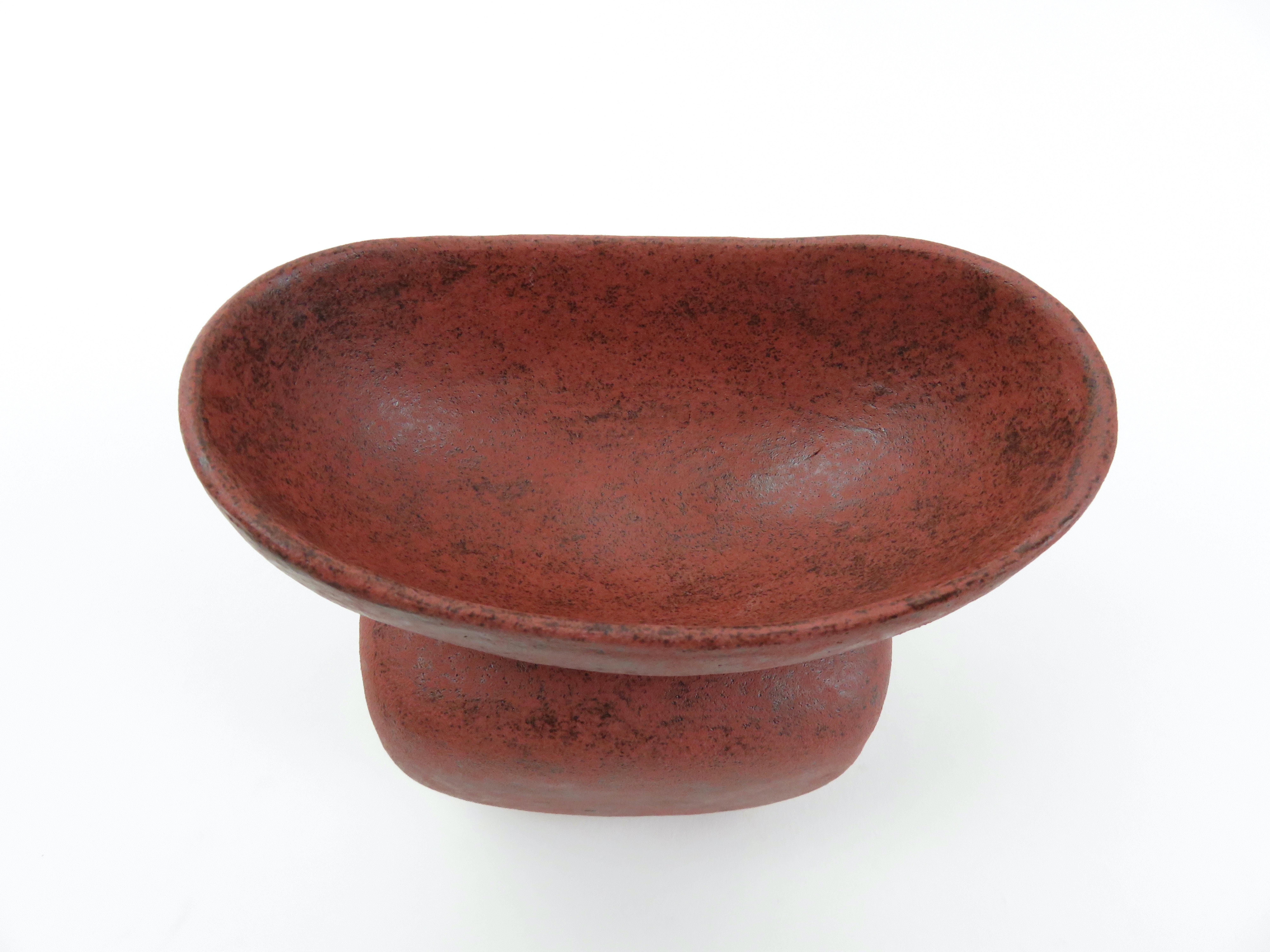 Contemporary Mottled Red Ceramic Sculpture, Wide Oval Cup on Rounded Cube, Hand Built 