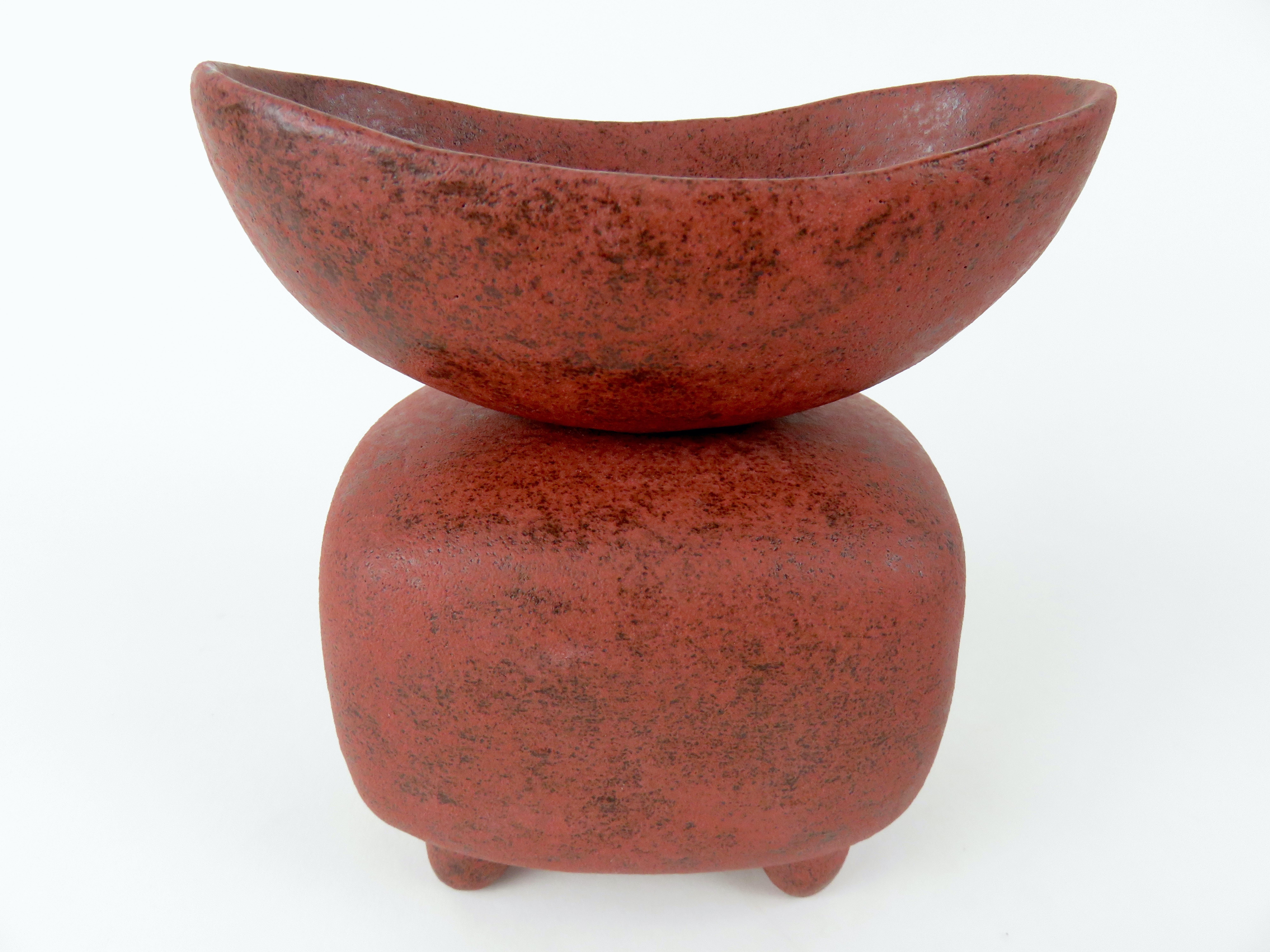 Mottled Red Ceramic Sculpture, Wide Oval Cup on Rounded Cube, Hand Built  1