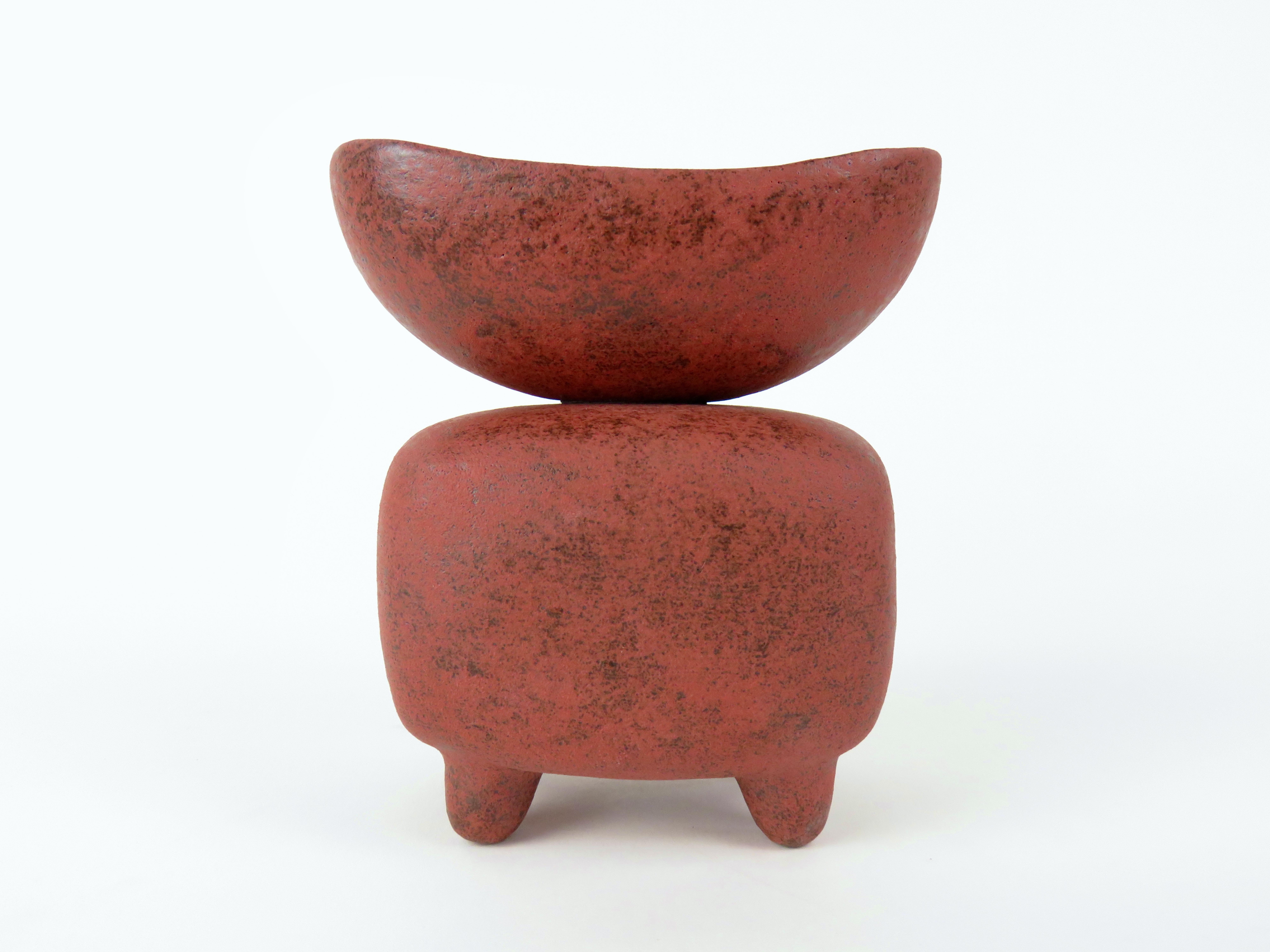 Mottled Red Ceramic Sculpture, Wide Oval Cup on Rounded Cube, Hand Built  2