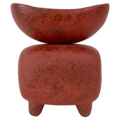 Mottled Red Ceramic Sculpture, Wide Oval Cup on Rounded Cube, Hand Built