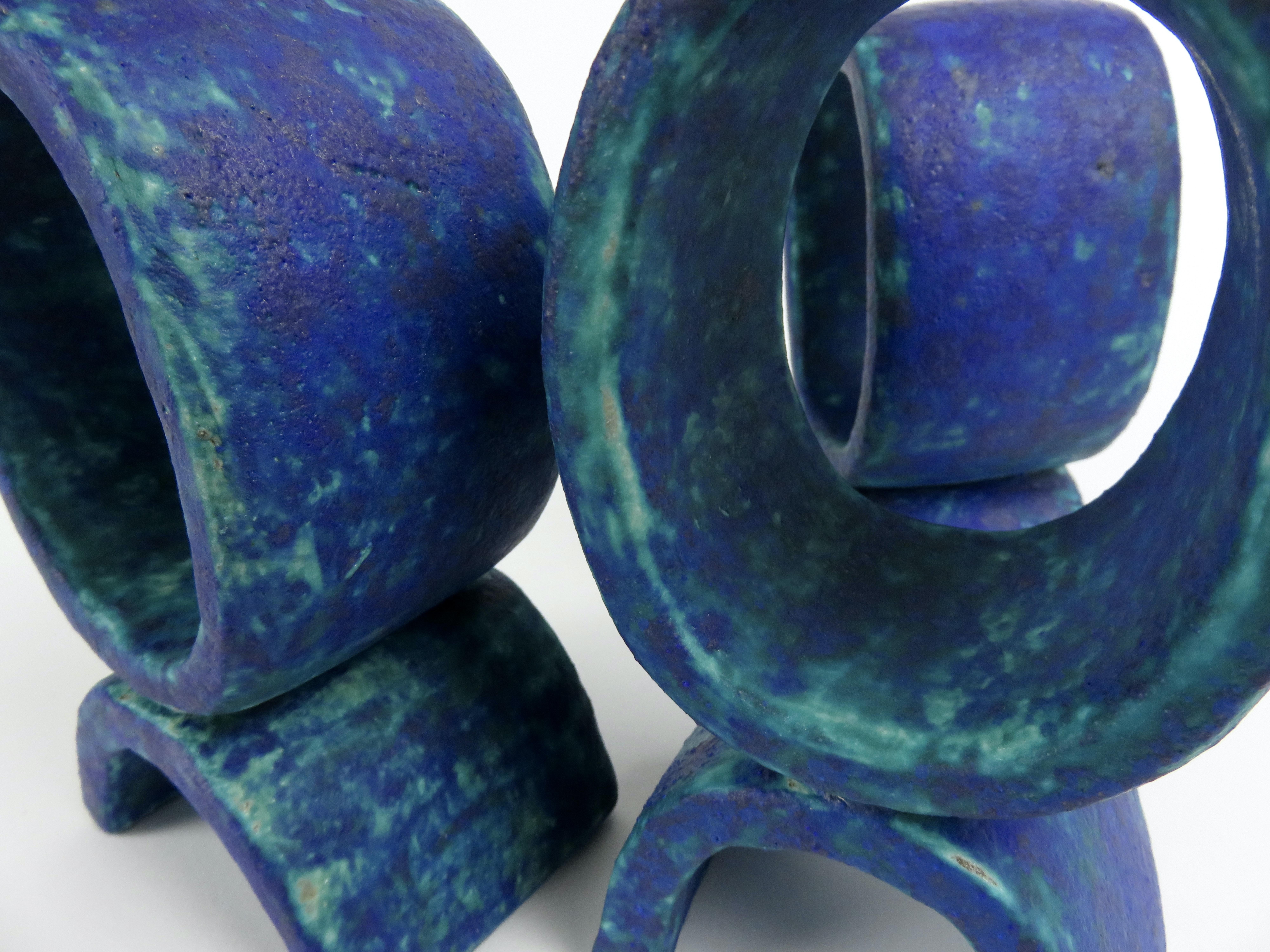 Mottled Turquoise and Deep Blue, 3 Ceramic Totems, Single Rings on Curved Legs For Sale 6