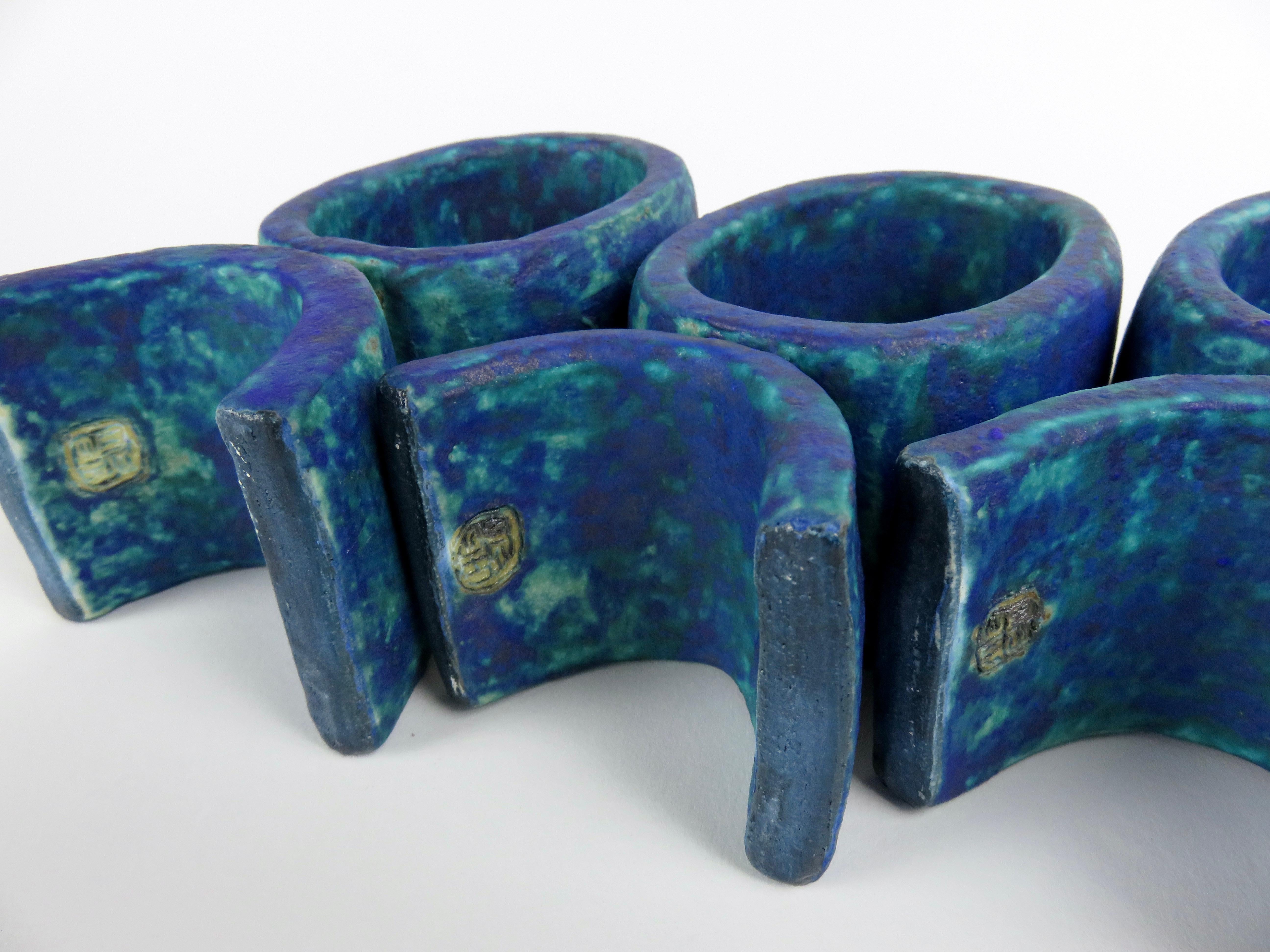 Mottled Turquoise and Deep Blue, 3 Ceramic Totems, Single Rings on Curved Legs For Sale 7