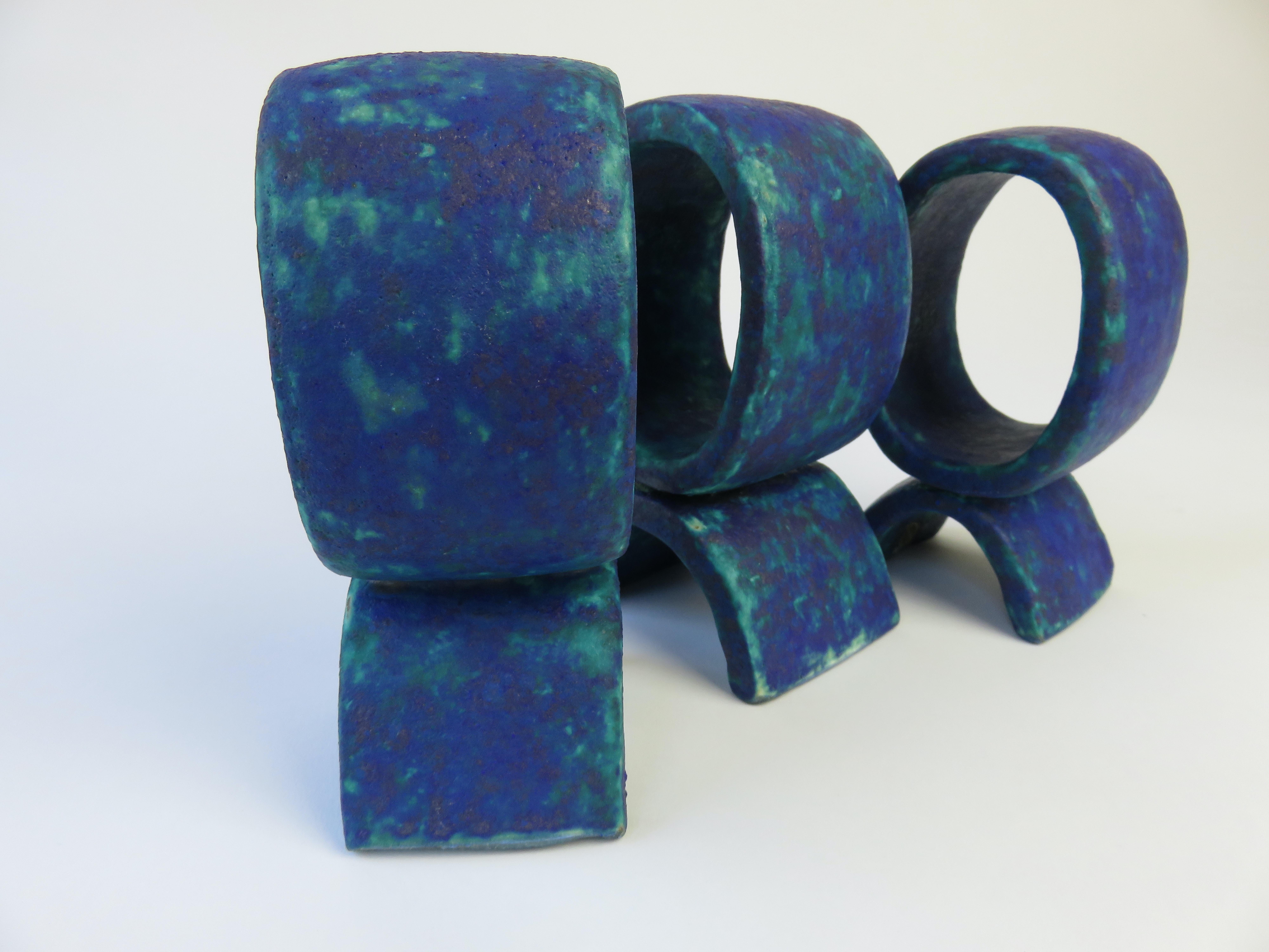 Mottled Turquoise and Deep Blue, 3 Ceramic Totems, Single Rings on Curved Legs For Sale 7