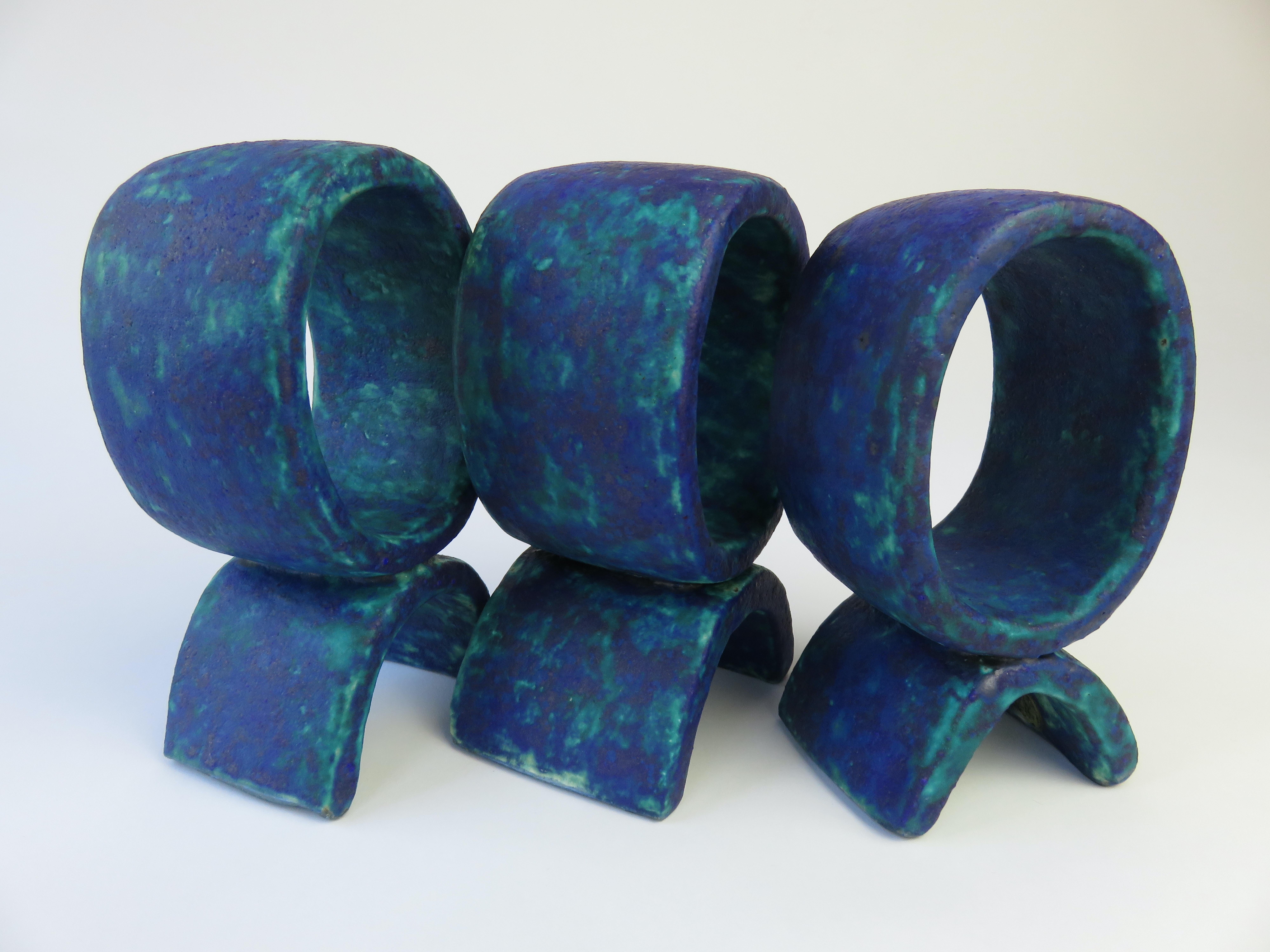 Mottled Turquoise and Deep Blue, 3 Ceramic Totems, Single Rings on Curved Legs For Sale 8