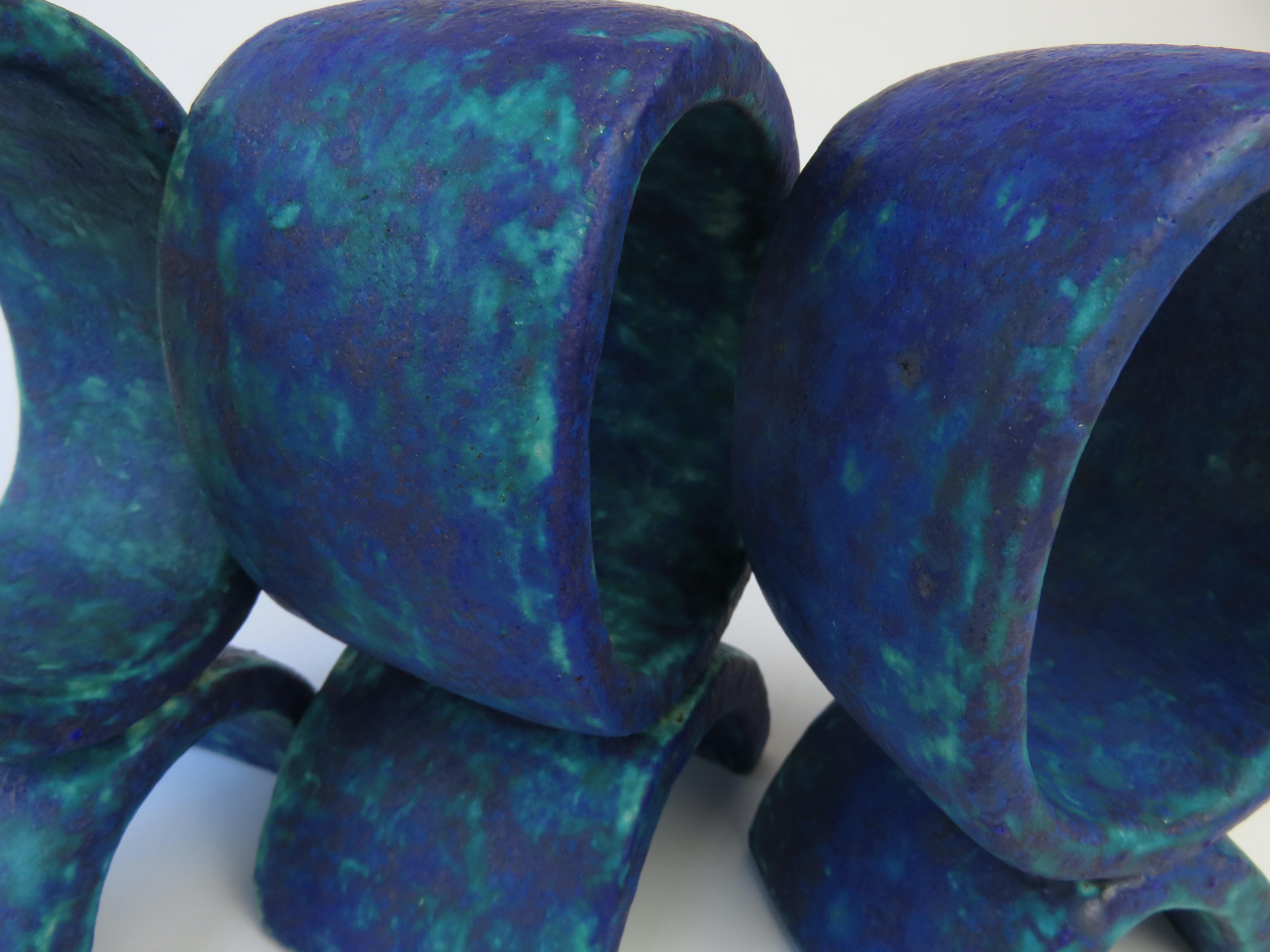 Mottled Turquoise and Deep Blue, 3 Ceramic Totems, Single Rings on Curved Legs For Sale 9