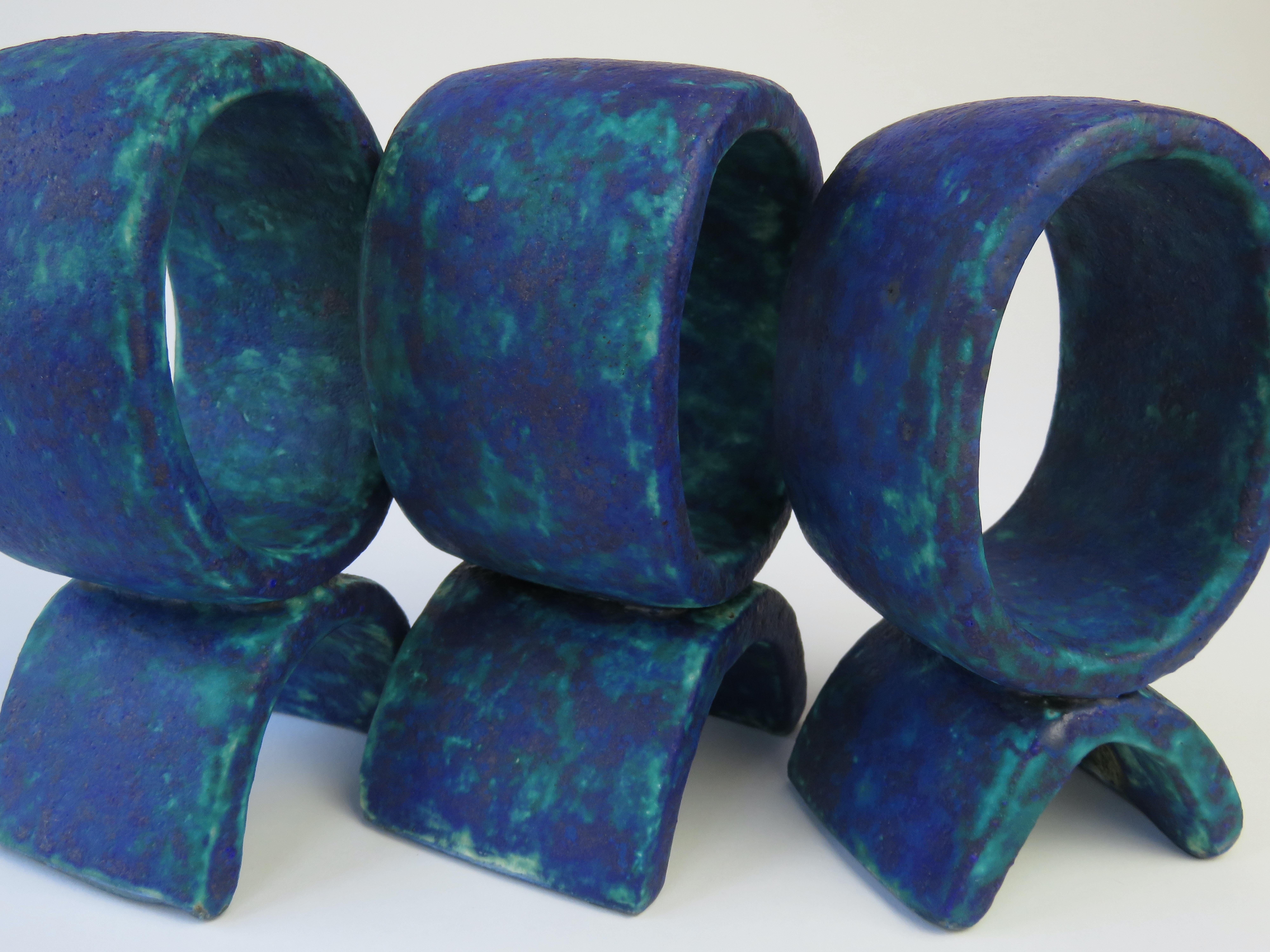Mottled Turquoise and Deep Blue, 3 Ceramic Totems, Single Rings on Curved Legs For Sale 10
