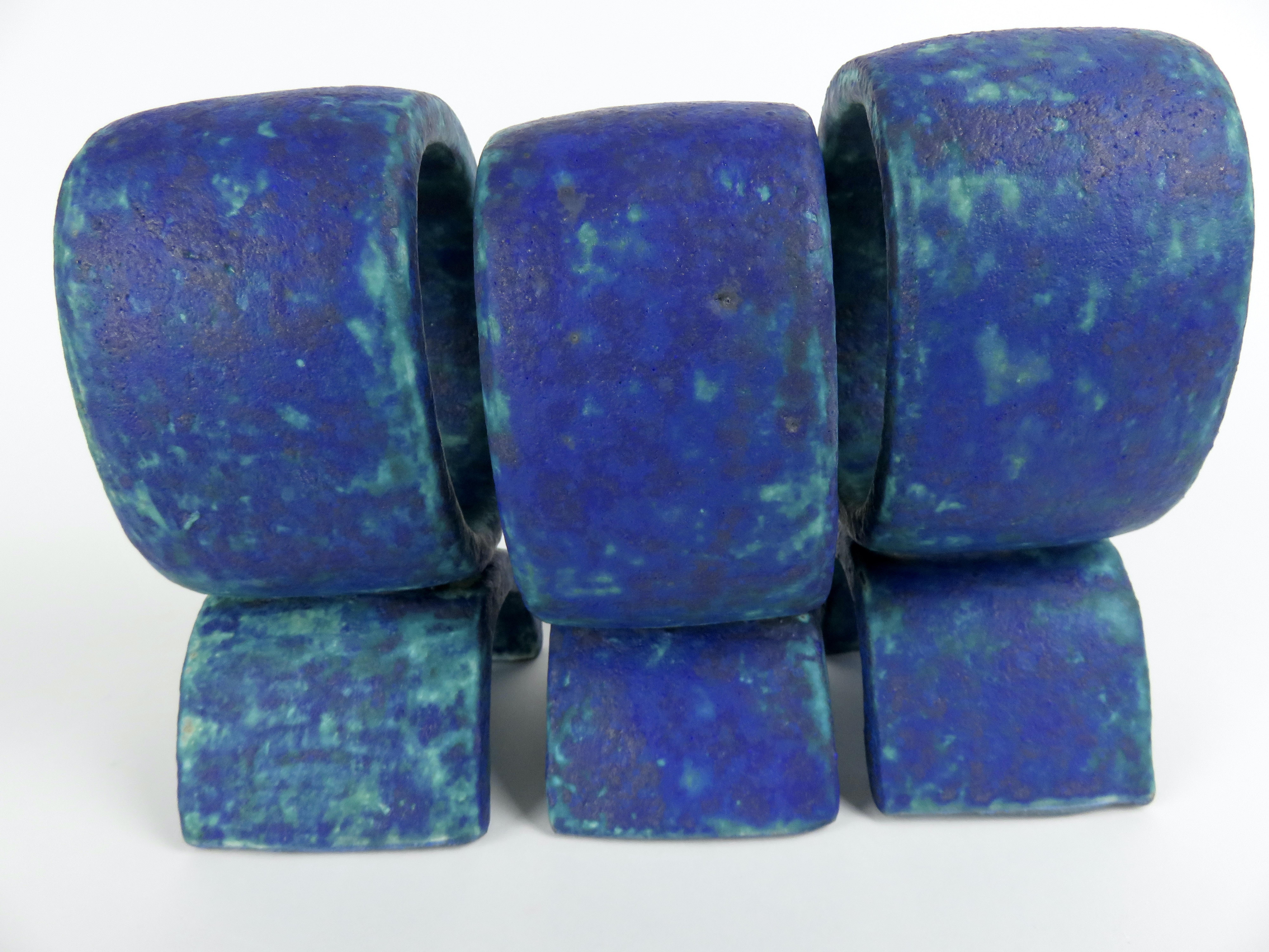 Glazed Mottled Turquoise and Deep Blue, 3 Ceramic Totems, Single Rings on Curved Legs For Sale