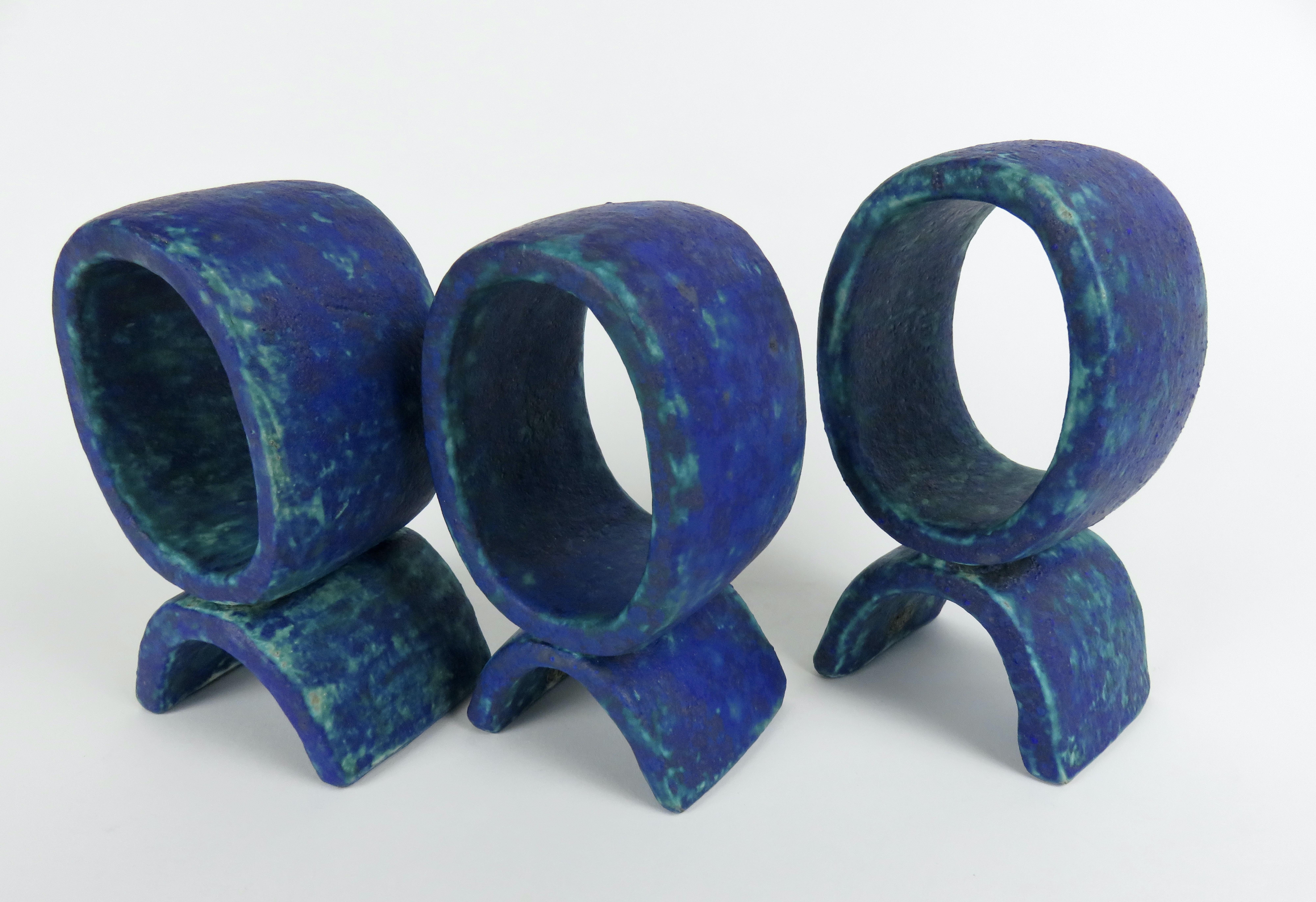 Contemporary Mottled Turquoise and Deep Blue, 3 Ceramic Totems, Single Rings on Curved Legs For Sale