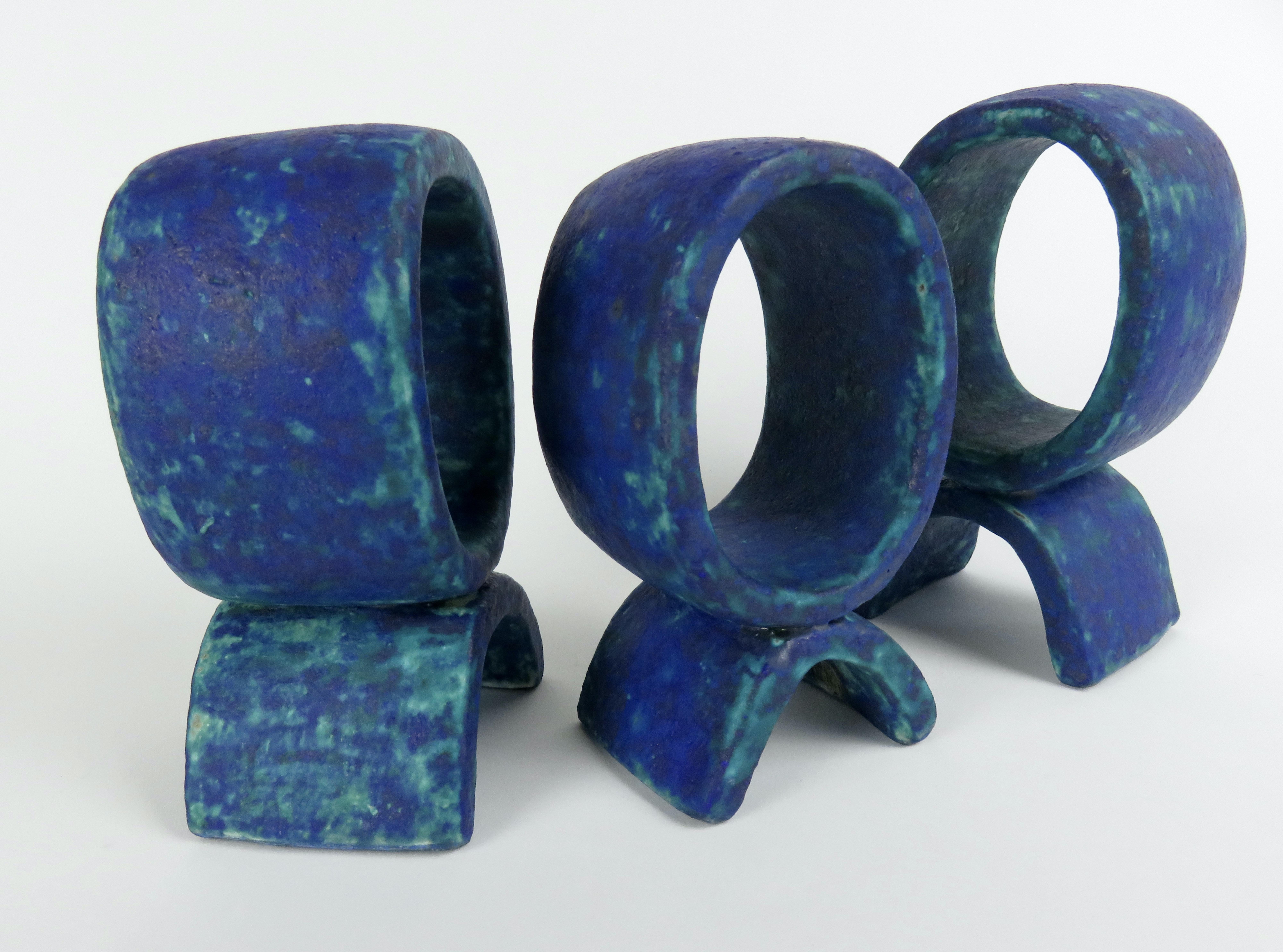 Mottled Turquoise and Deep Blue, 3 Ceramic Totems, Single Rings on Curved Legs For Sale 2