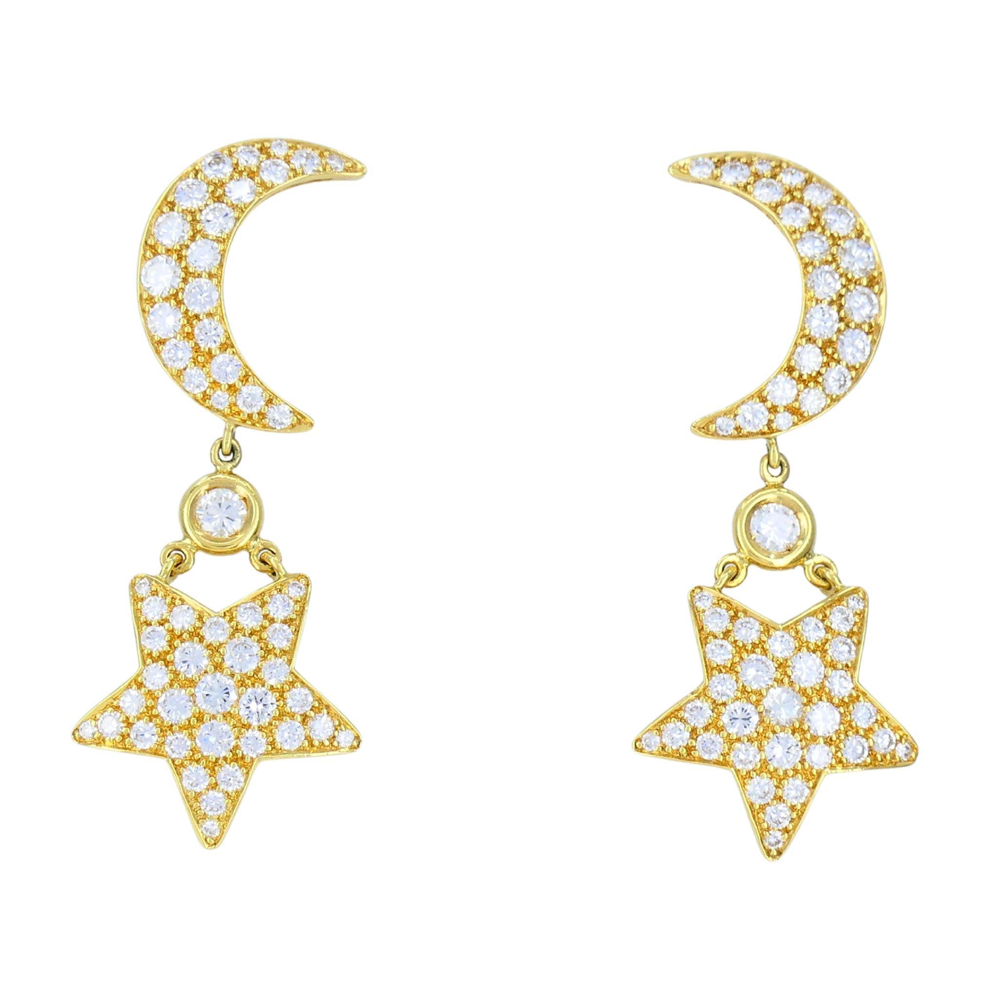 Orecchini a goccia celesti con stella lunare in oro 18 carati di Mouawad