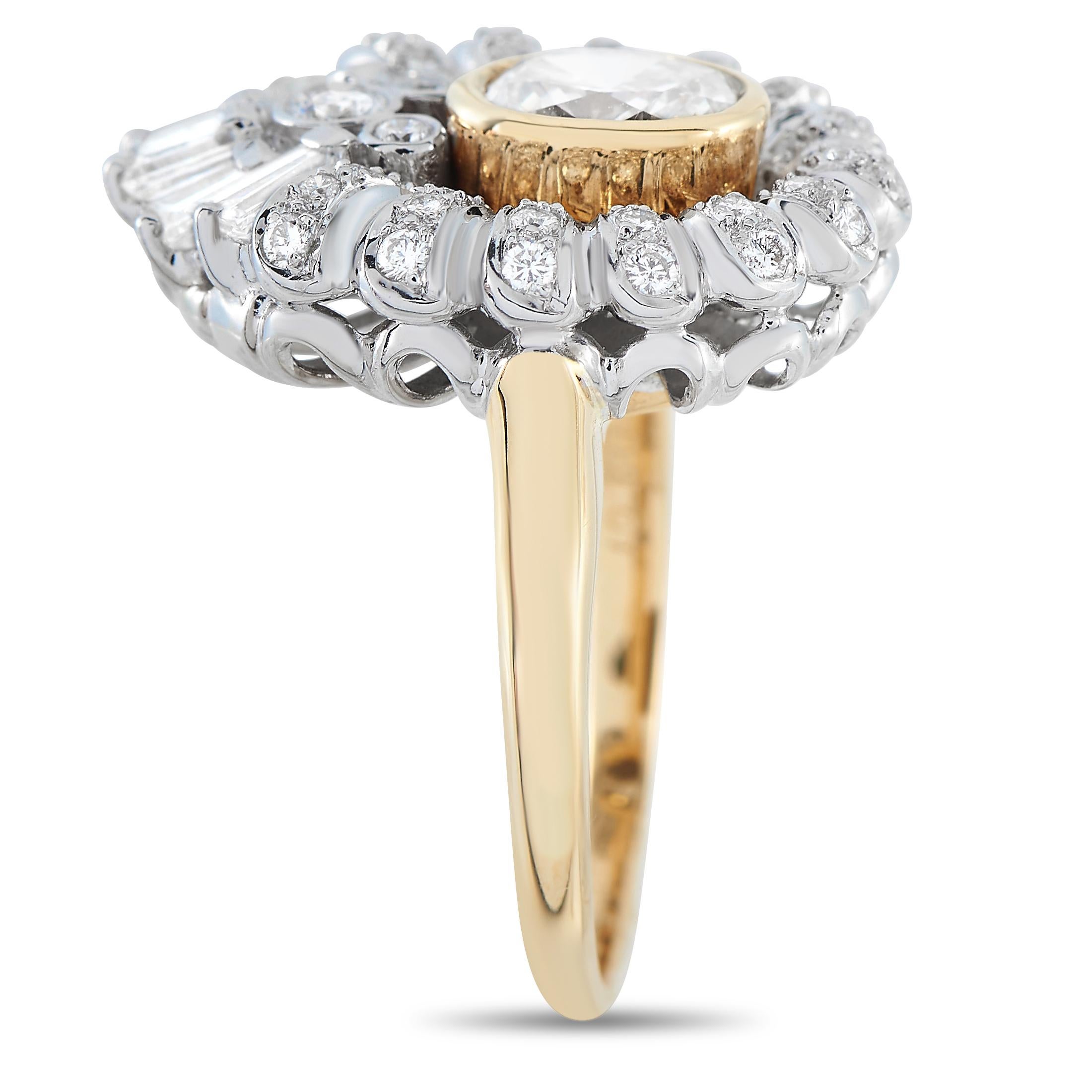An undeniable stunner. This two-toned ring from Lebanese jewelry brand Mouawad impresses with its statement-making beauty. The slender band, rendered in 18K yellow gold, supports a white gold floral-inspired basket detailed with a combination of