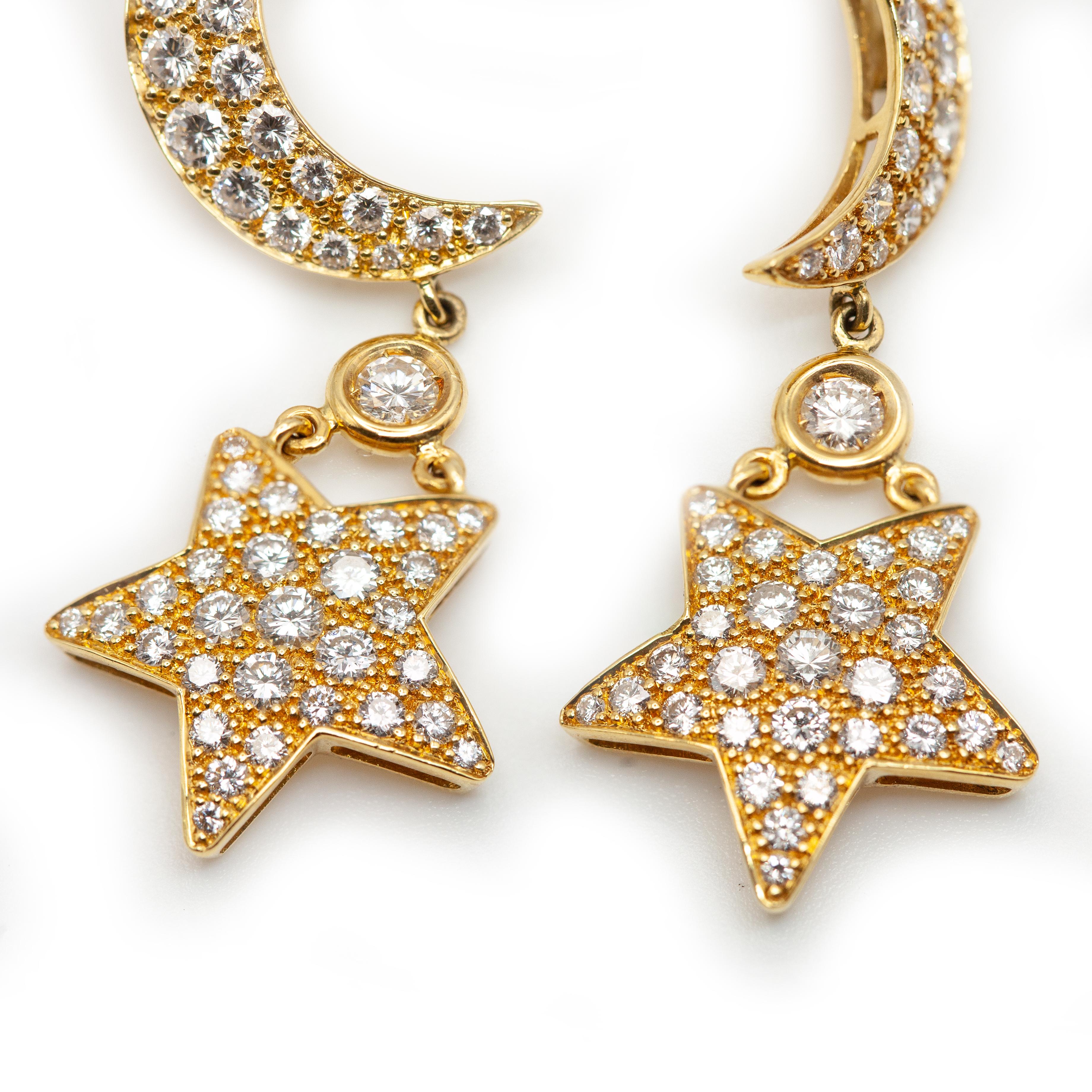 Mouawad is a renowned high-end jewelry house known for exquisite, gem-studded creations in 18K gold or higher
These stunning 18K yellow gold diamond drop earrings are designed in a celestial theme, featuring crescent moons and dangling stars set