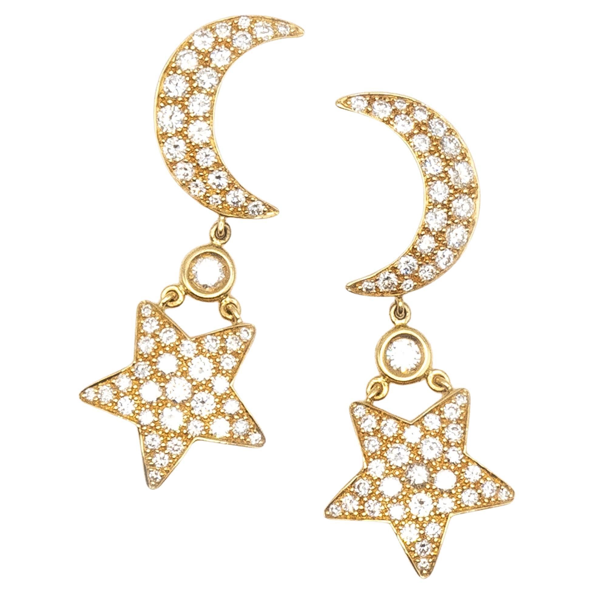 Mouawad 18K Yellow Gold Diamond Crescent moon and Star Drop Earrings