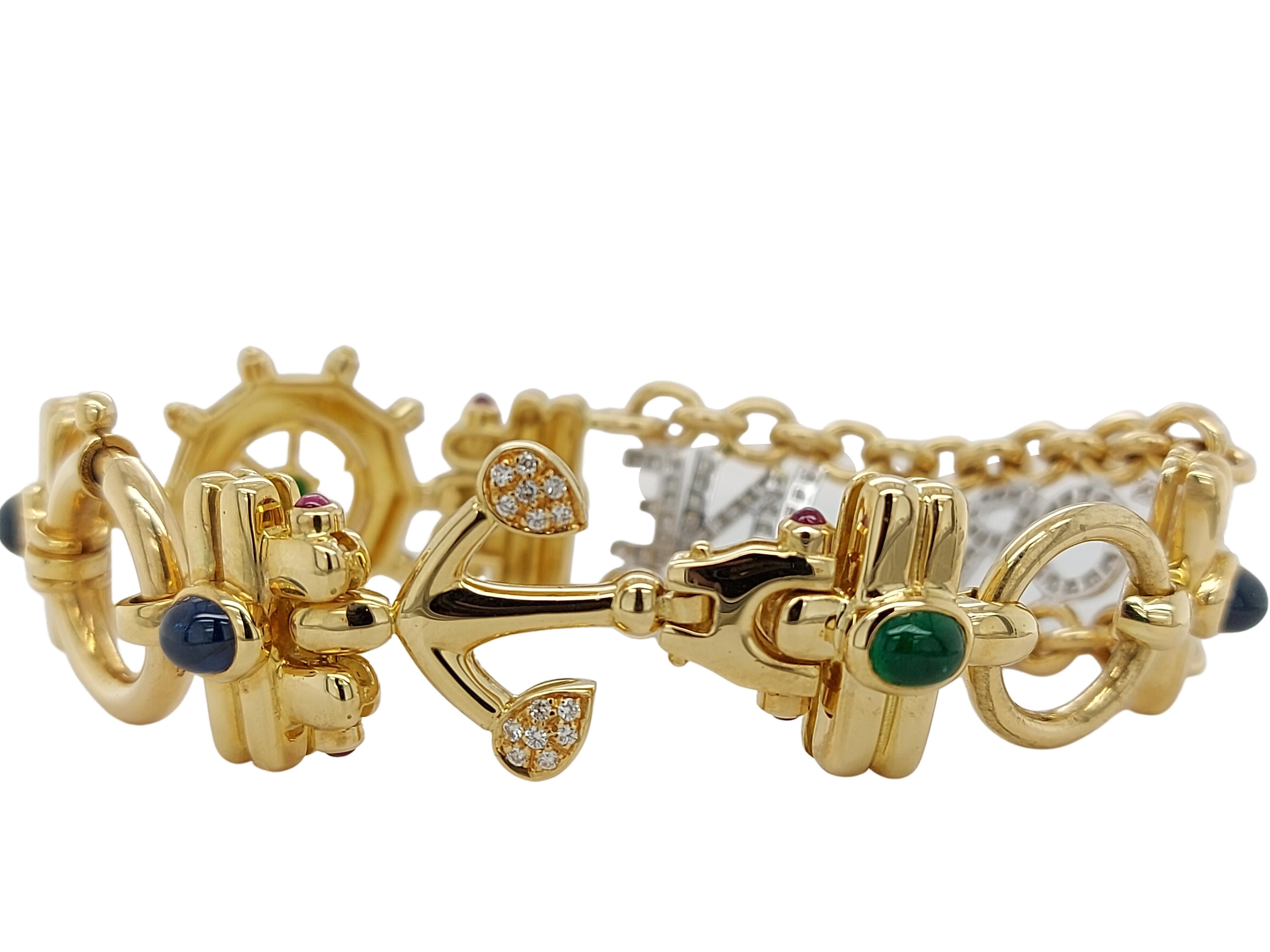 Artisan Mouawad 18kt Yellow Gold Fortune Bracelet with Diamonds, Sapphires, Emeralds For Sale
