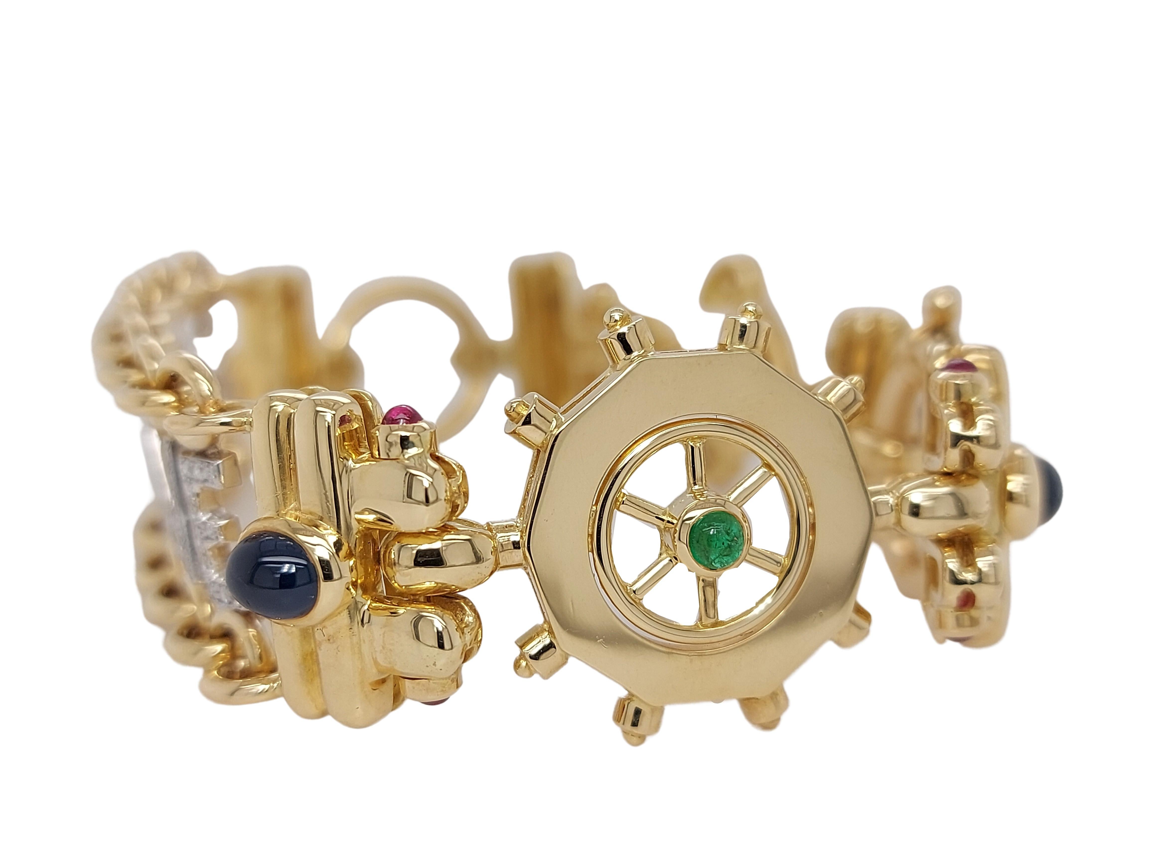 Mouawad 18kt Yellow Gold Fortune Bracelet with Diamonds, Sapphires, Emeralds In Excellent Condition For Sale In Antwerp, BE