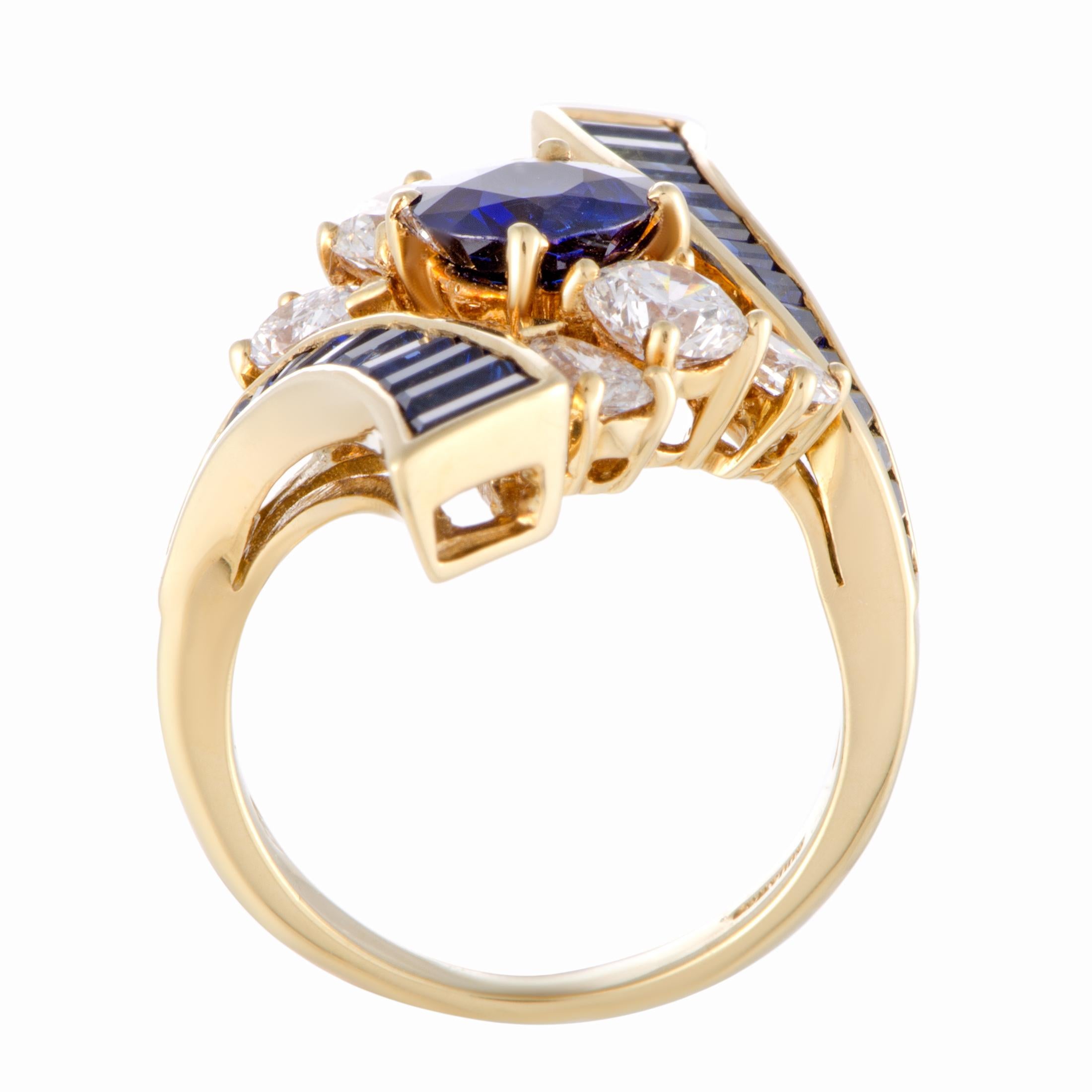 Evoking the ever-enticing allure of antique design and royal jewels, this majestic 18K yellow gold ring presented by Mouawad will elevate your style in a most prestigious manner. The ring is embellished with approximately 4.20 carats of sapphires,