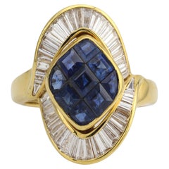 Vintage Mouawad Mystery Set Sapphire Diamond 18k Yellow Gold Ring Size 6.75