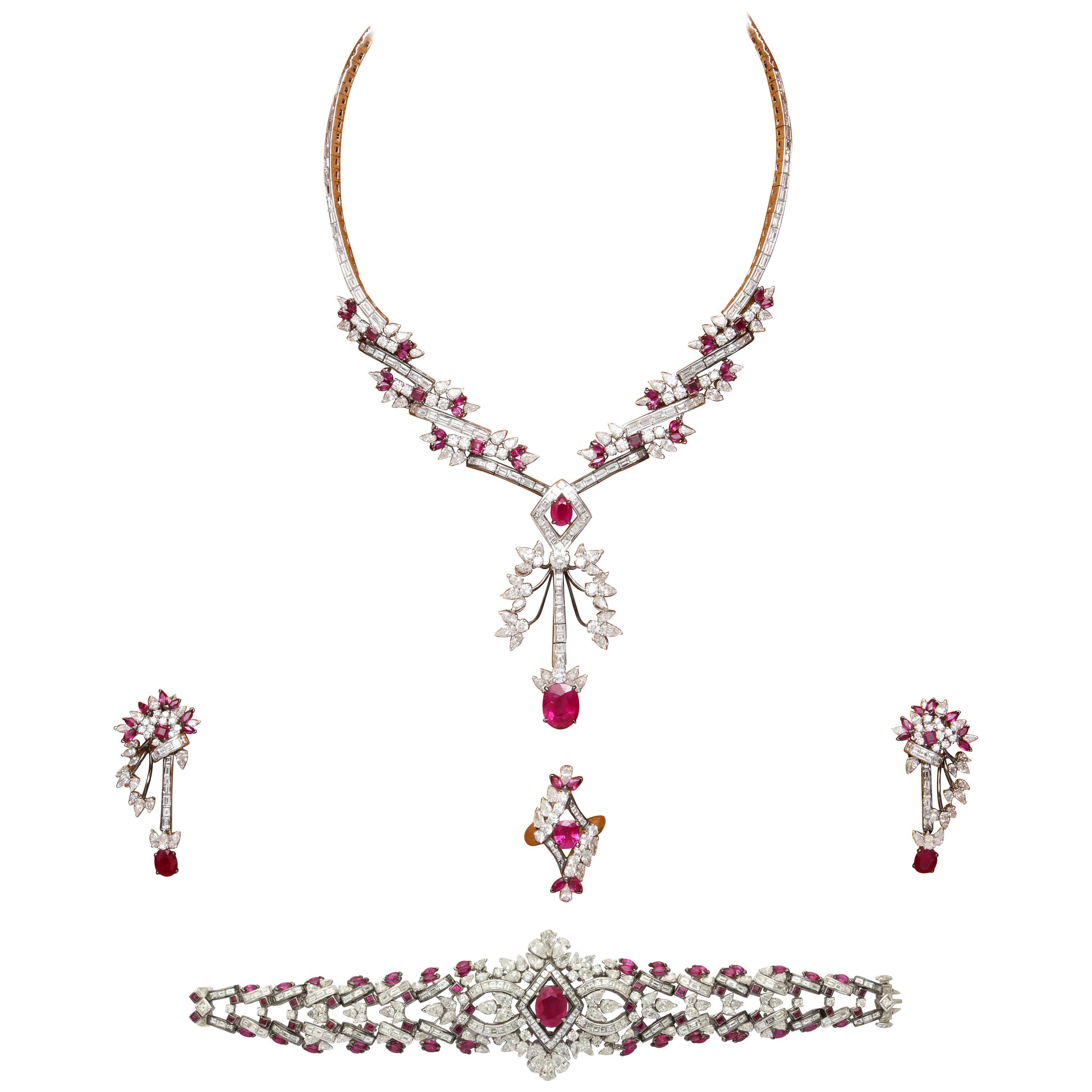 Mouawad Ruby Diamond Necklace Bracelet Ring Earrings Suite For Sale