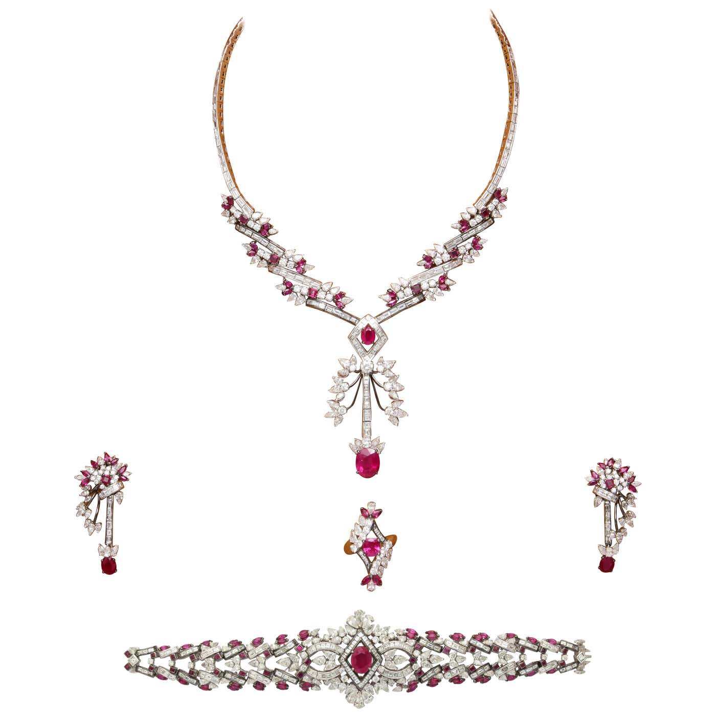 Mouawad Ruby Diamond Necklace Bracelet Ring Earrings Suite For Sale at ...