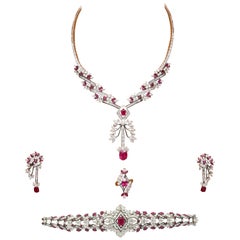 Mouawad Ruby Diamond Necklace Bracelet Ring Earrings Suite