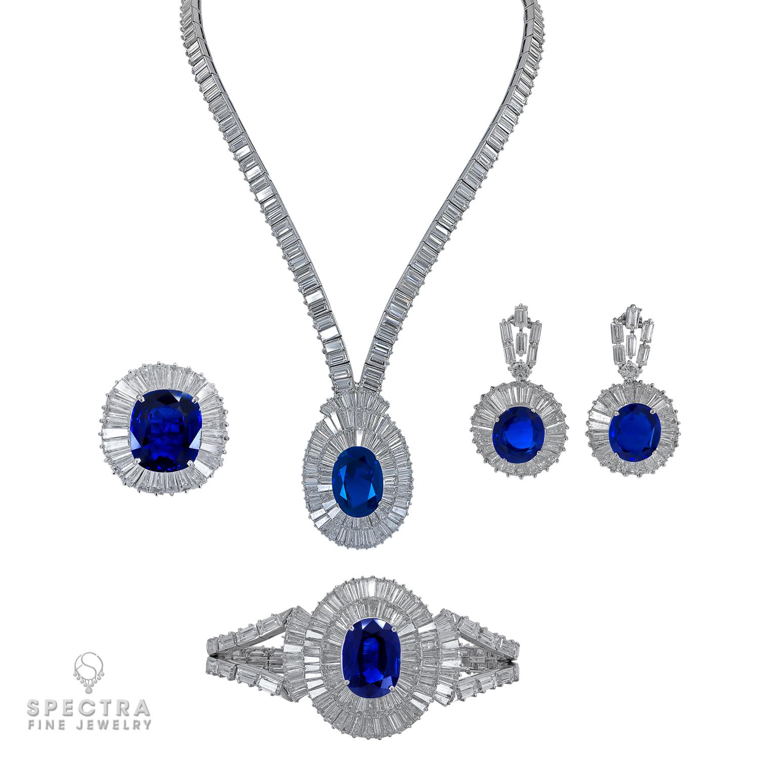 Whether you are an enthusiast of jewelry in the Art Deco style or a seasoned collector, you are likely also a fan of baguette diamonds and the hypnotizing geometric ribbons of light they create. This stunning Mouawad Sapphire and Diamond Parure
