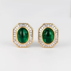 Mouawad Signed Vivid Green Emeralds & Diamond Halo 18k Gold Clip on Earrings