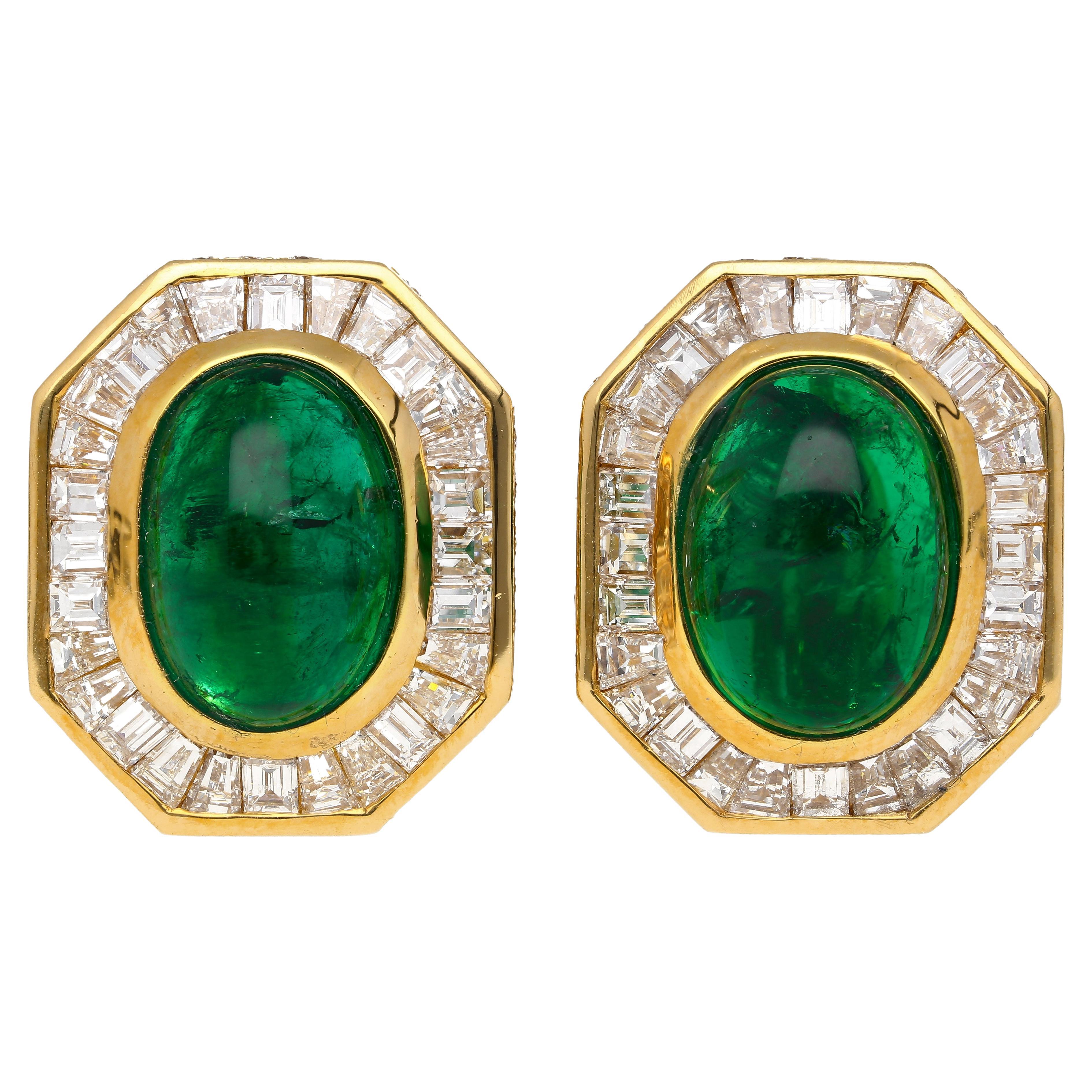 Mouawad Signed Vivid Green Emeralds & Diamond Halo 18k Gold Clip on Earrings For Sale