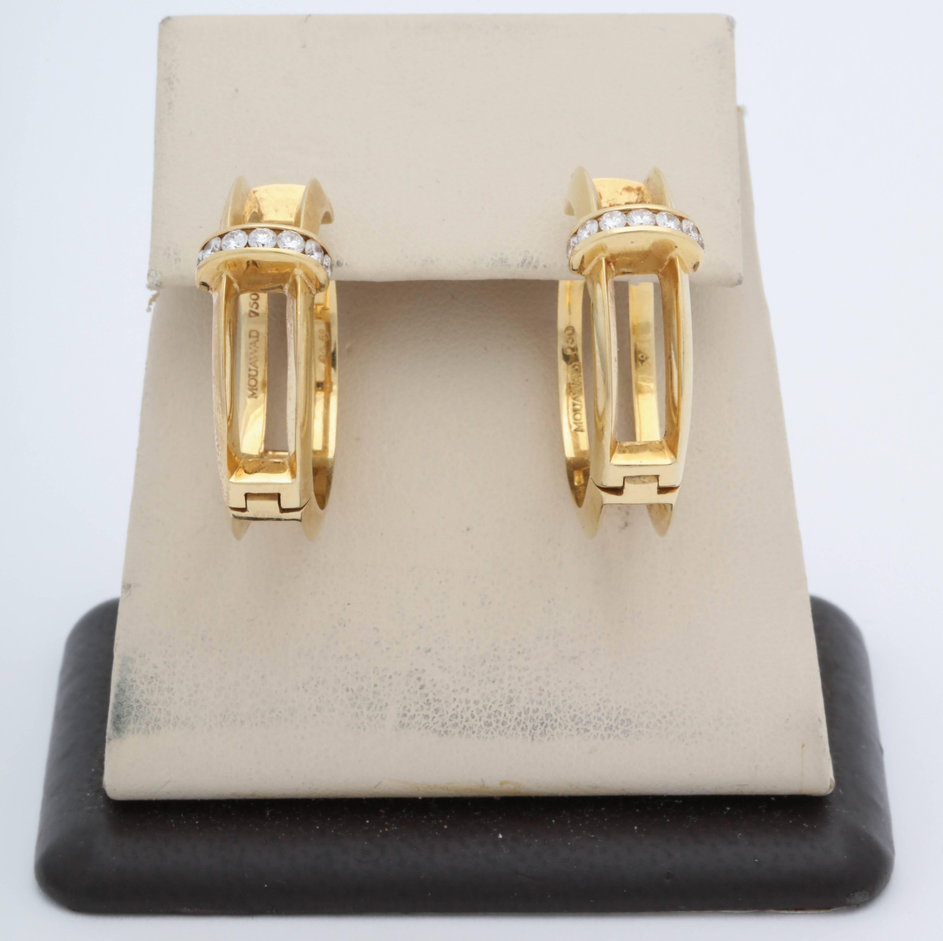 Round Cut Mouawad Swiss Knife Edged Design Diamond and Gold Open Link Earrings with Posts
