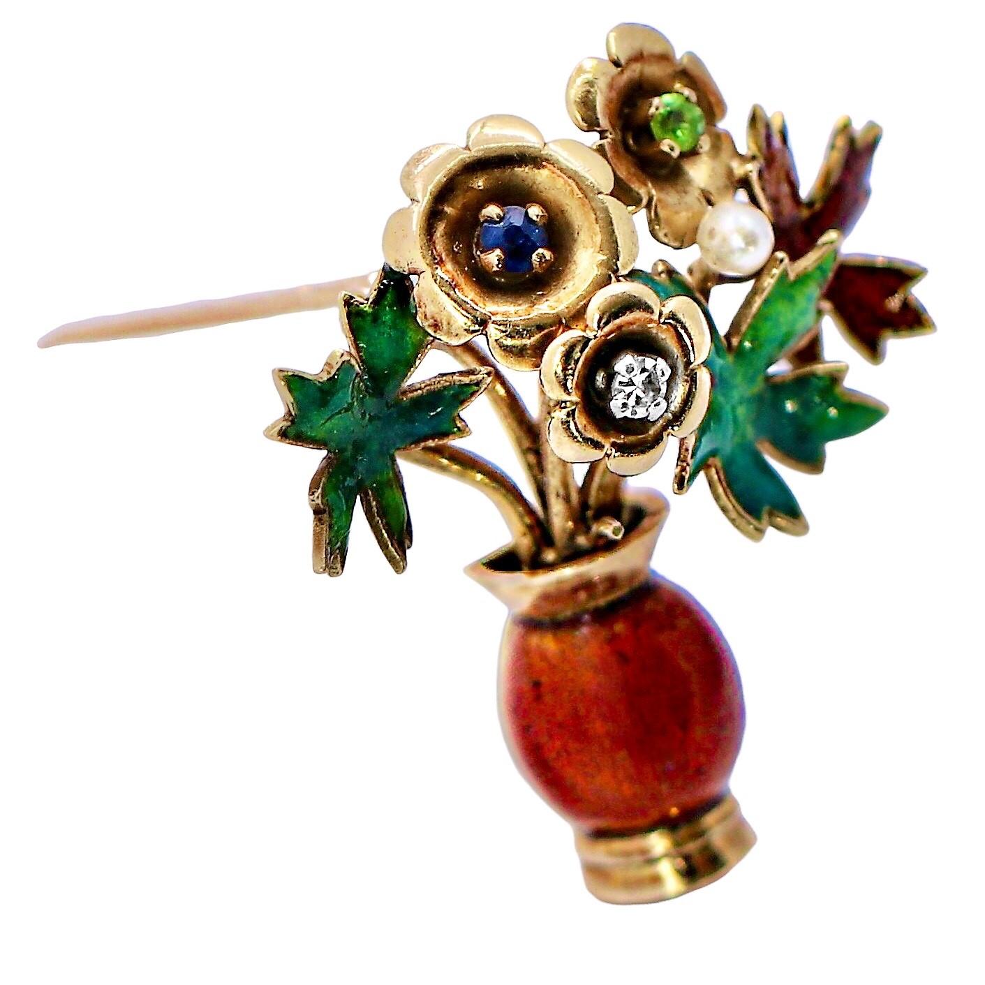 Brilliant Cut Moubaussin Gold, Enamel, Diamond and Pearl Flower Bouquet in Vase Brooch For Sale