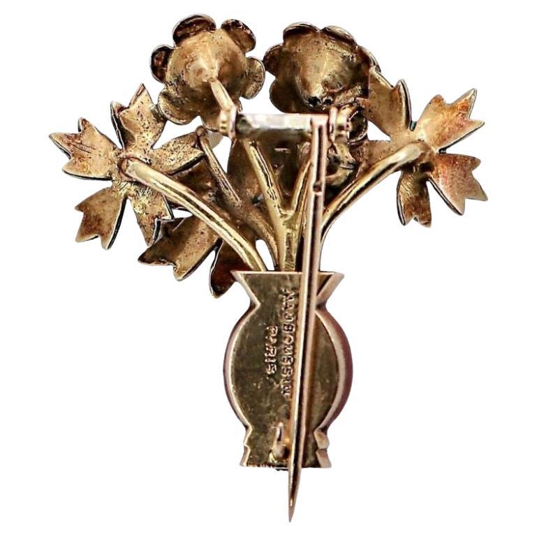 Moubaussin Gold, Enamel, Diamond and Pearl Flower Bouquet in Vase Brooch In Good Condition For Sale In Palm Beach, FL