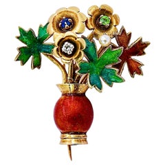 Moubaussin Gold, Enamel, Diamond and Pearl Flower Bouquet in Vase Brooch