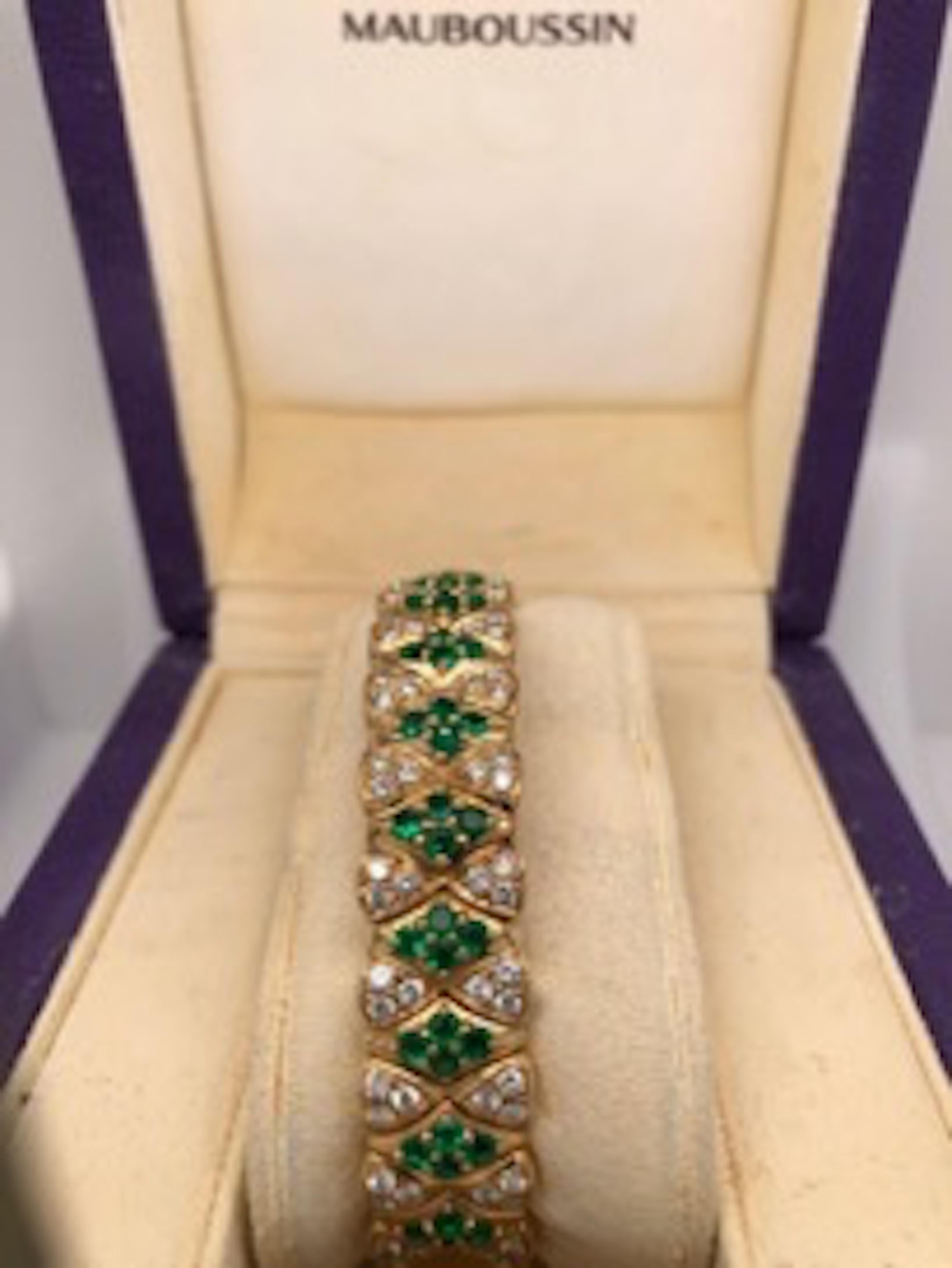 Brilliant Cut Mouboussin Emerald and Diamond Watch and Bracelet For Sale
