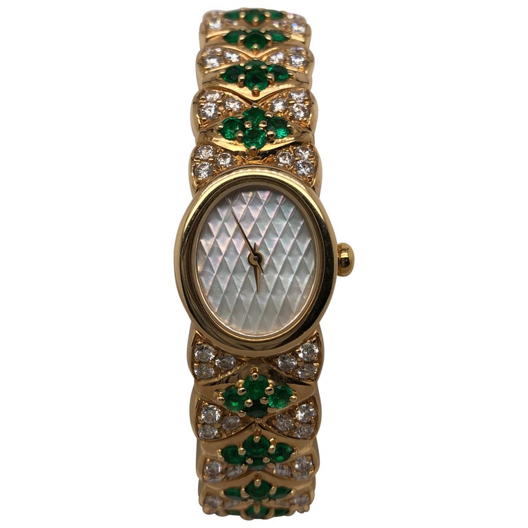 Mouboussin Emerald and Diamond Watch and Bracelet For Sale