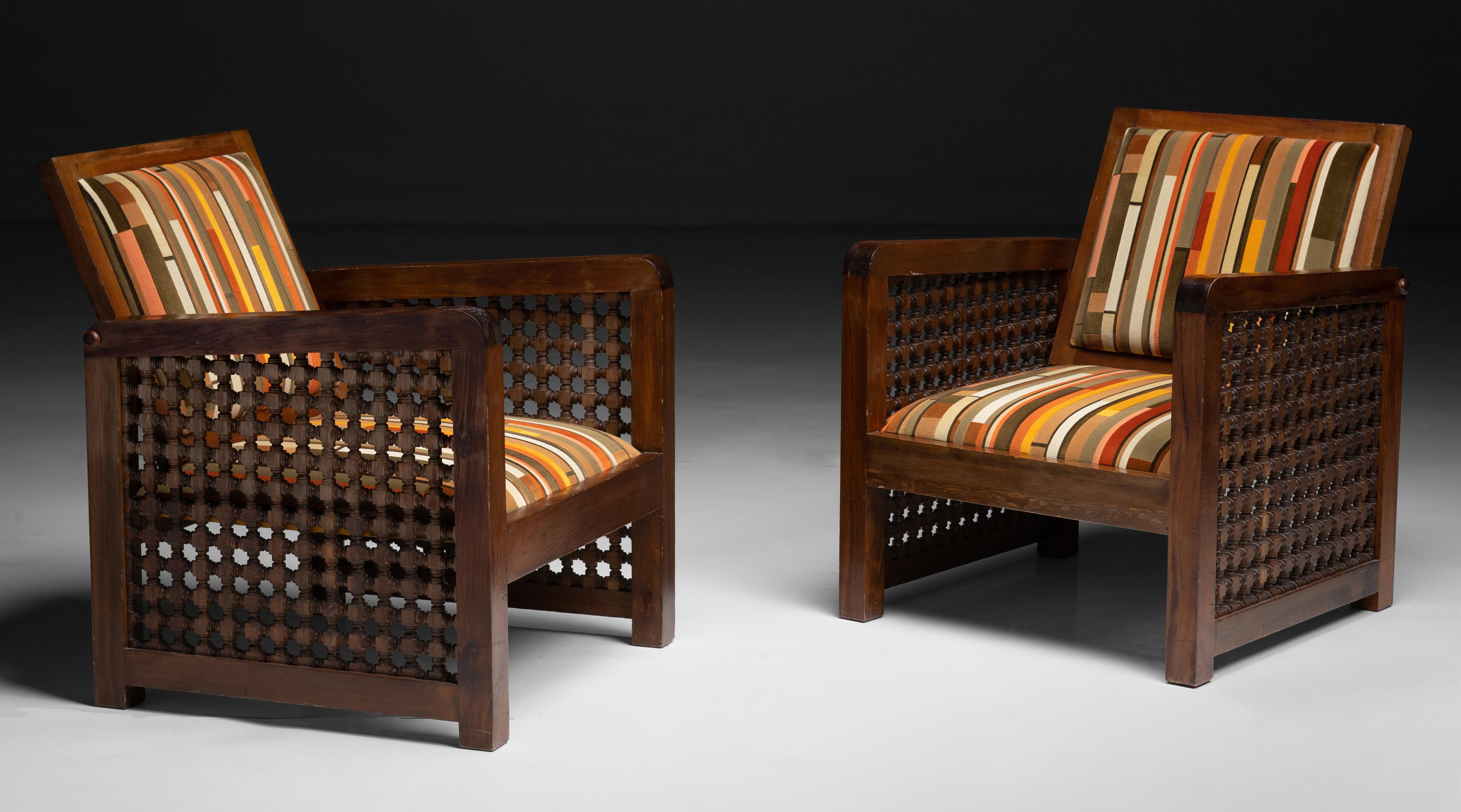 Moucharabieh Armchairs

France, circa 1970

Moucharabieh sides, newly upholstered seat and back in Maharam fabric.

Measures 25.5”w x 24.5”d x 30.25”h x 13”seat