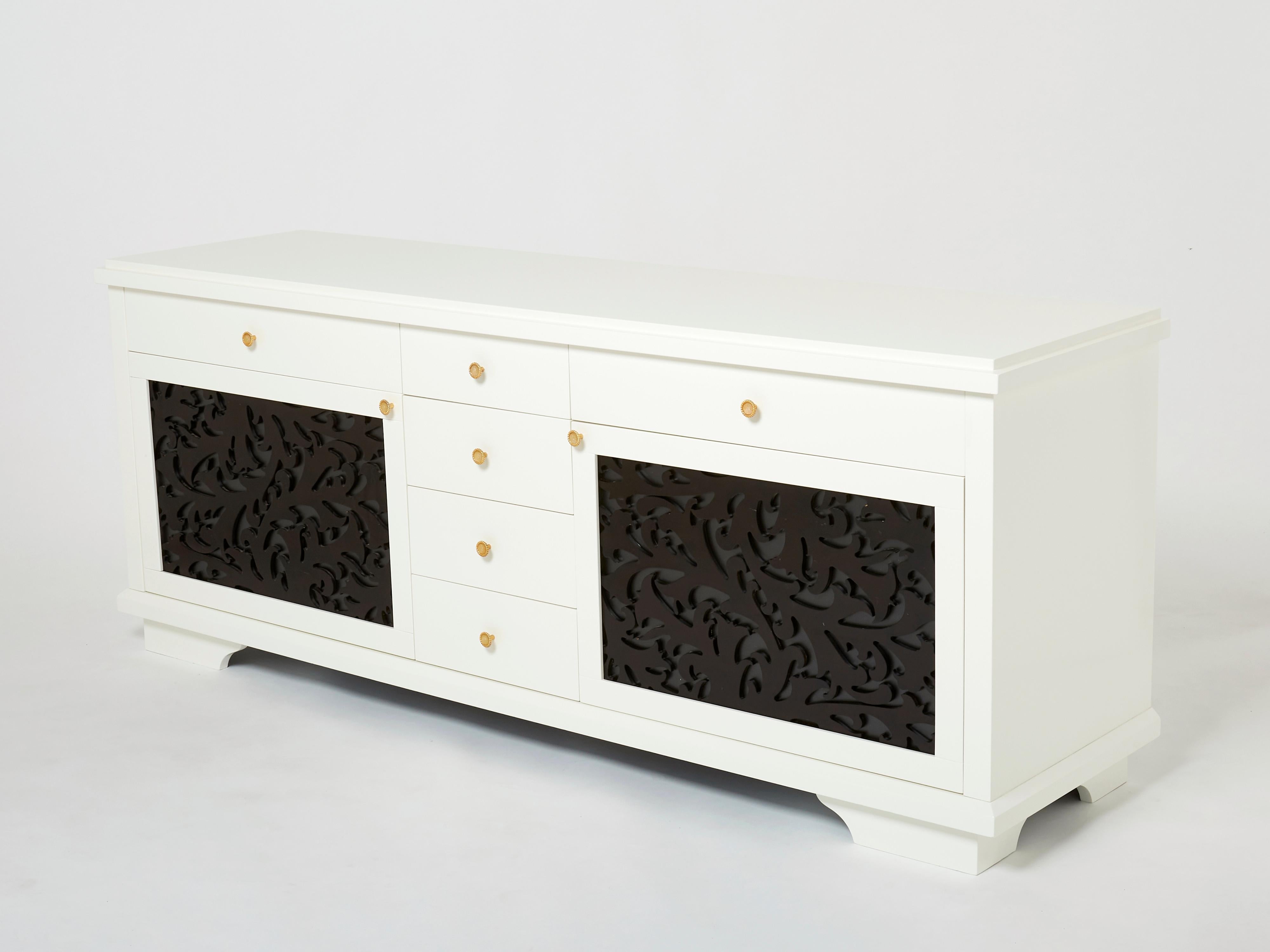 Very rare off white satin and black wood sideboard by Elizabeth Garouste & Mattia Bonetti designed for Christian Lacroix boutique opening rue du Faubourg Saint Honoré in 1987. The iconic duo were hired by Christian Lacroix to create the complete