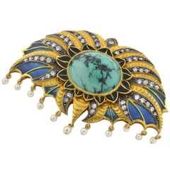 Boucheron Style Art Deco Plique-a-Jour, Turquoise, Diamond and Pearl Pin