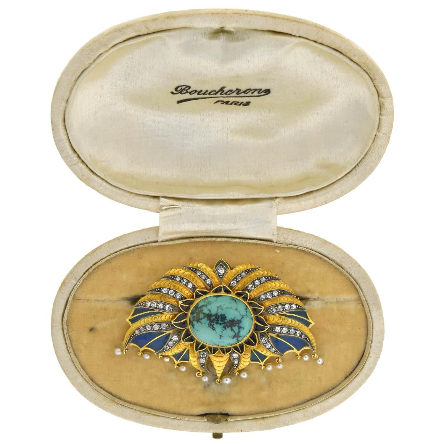 Single Cut Boucheron Style Art Deco Plique-a-Jour, Turquoise, Diamond and Pearl Pin For Sale