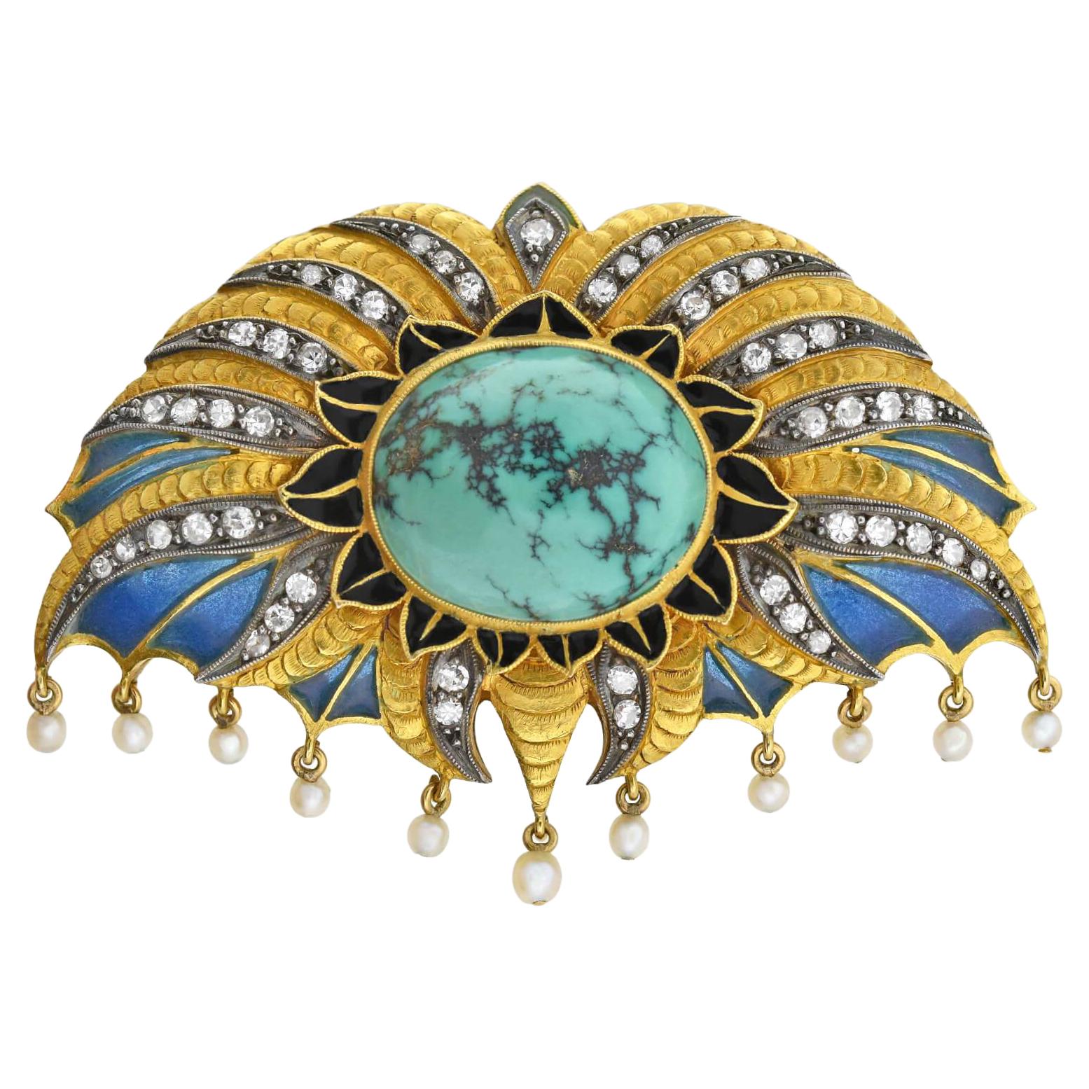 Boucheron Style Art Deco Plique-a-Jour, Turquoise, Diamond and Pearl Pin For Sale