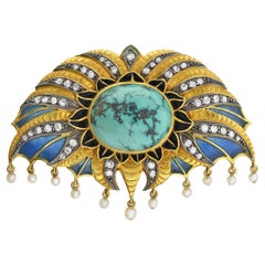 Alfiler Art Decó Plique-a-Jour, Turquesa, Diamante y Perla, Estilo Boucheron