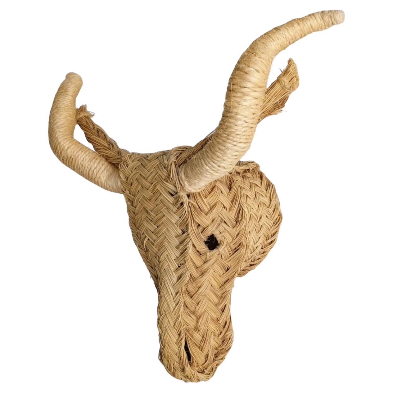 Mouflon Head Sculpture Made of Esparto Grass and Rope. Spain. Handmade