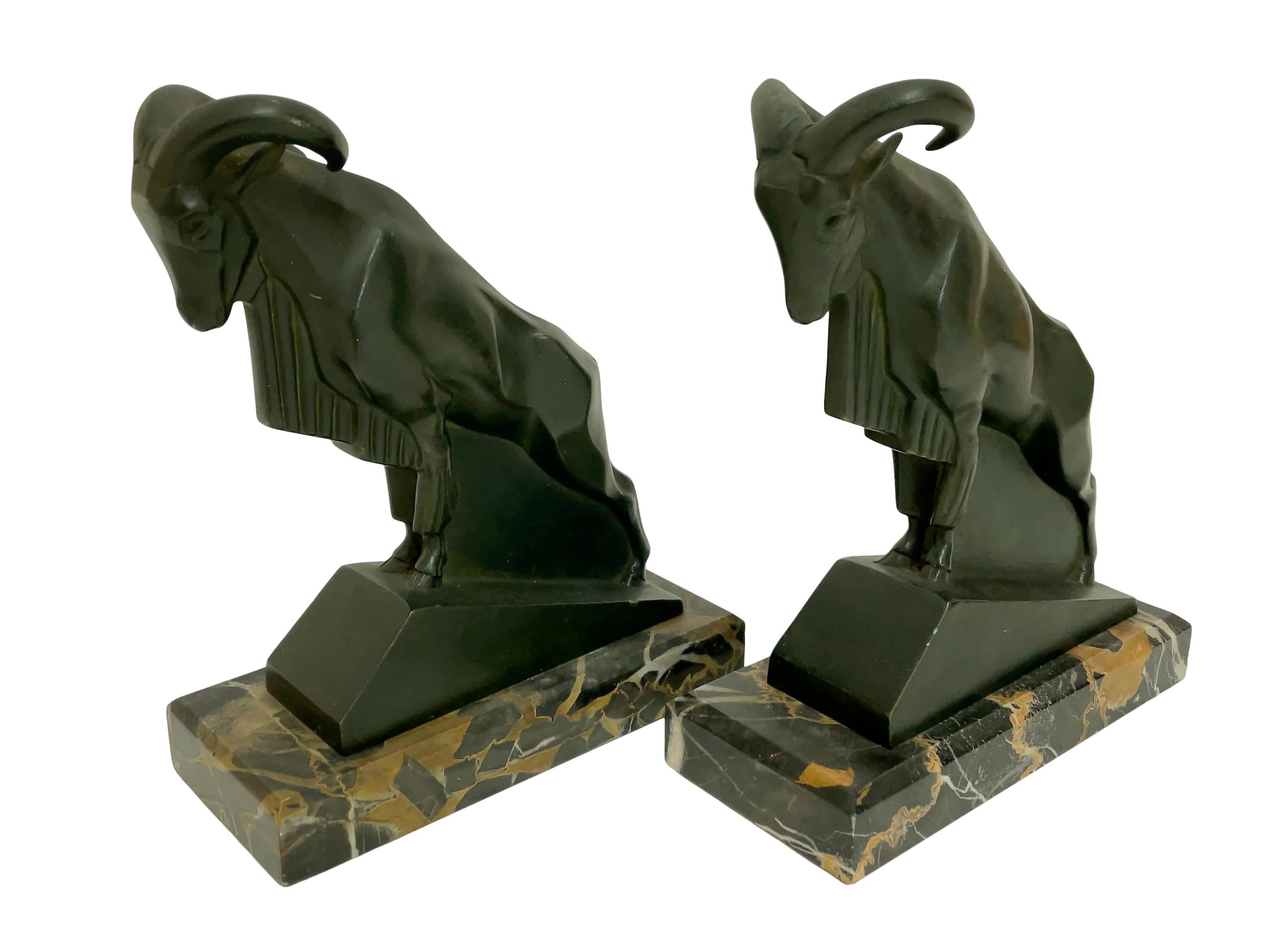 French Mouflon Original Art Deco Bookends of Two Aries by Max Le Verrier with Patina
