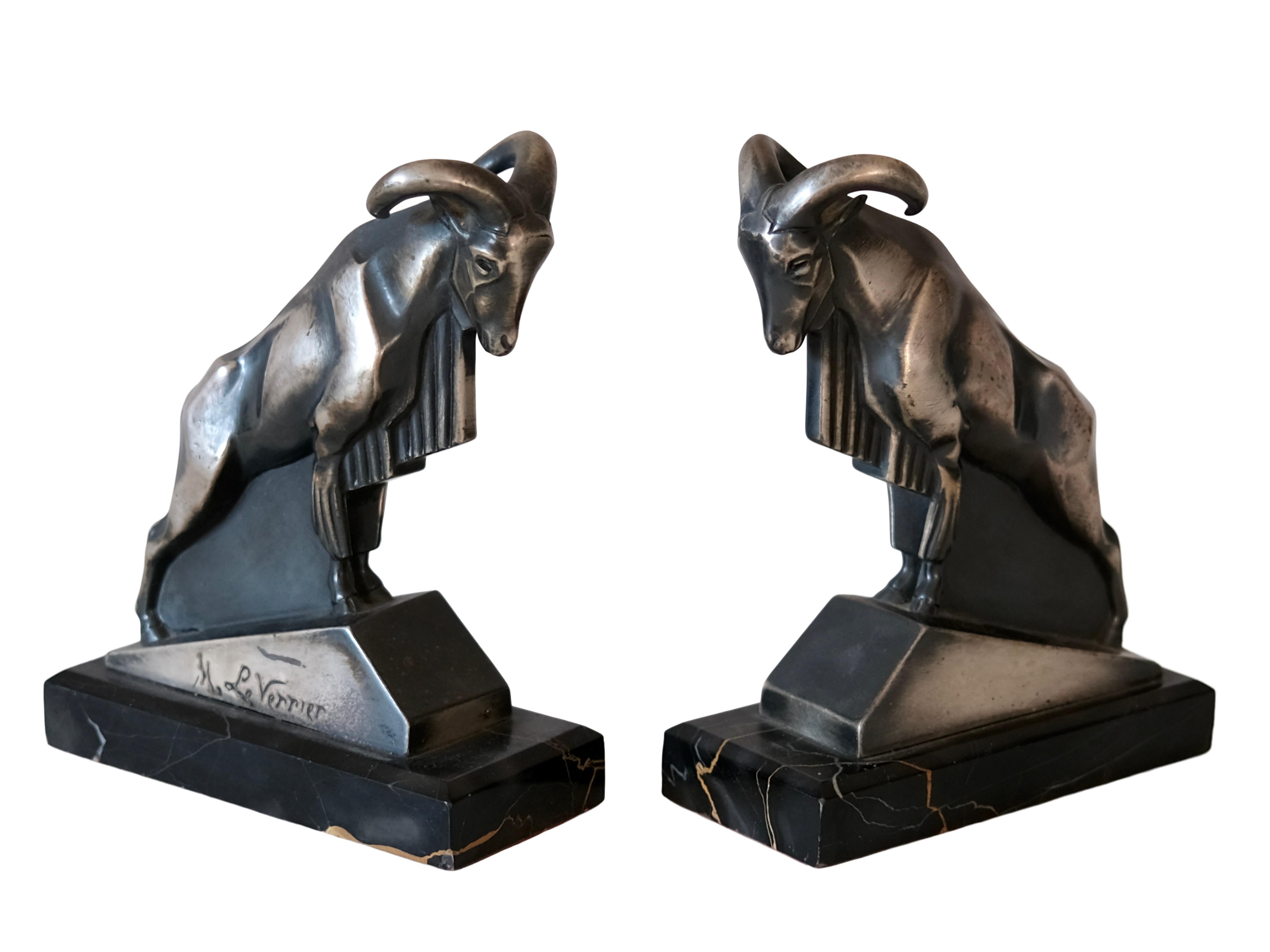 French Mouflon Original Art Deco Bookends of Two Aries by Max Le Verrier with Patina