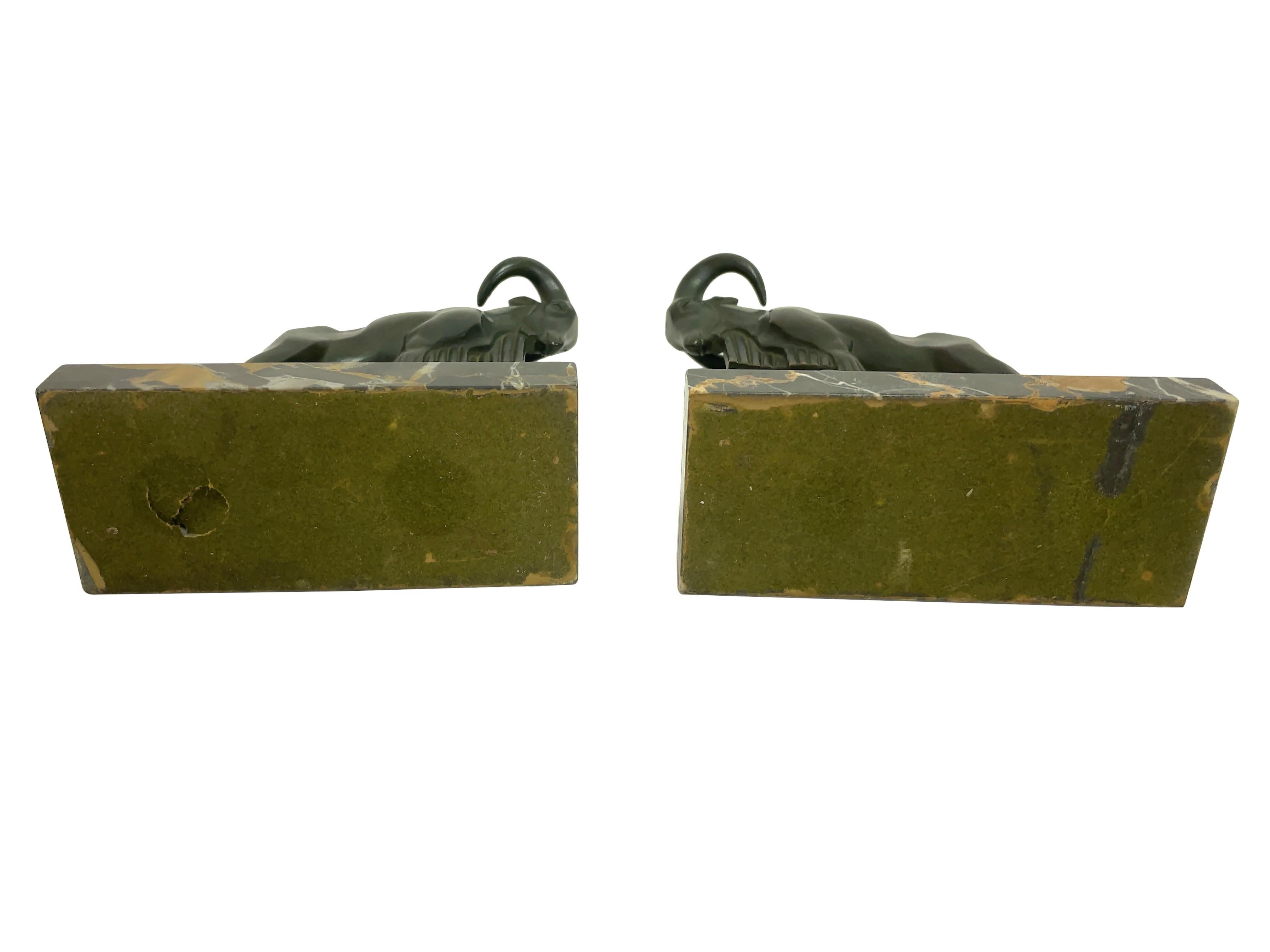 Patinated Mouflon Original Art Deco Bookends of Two Aries by Max Le Verrier with Patina